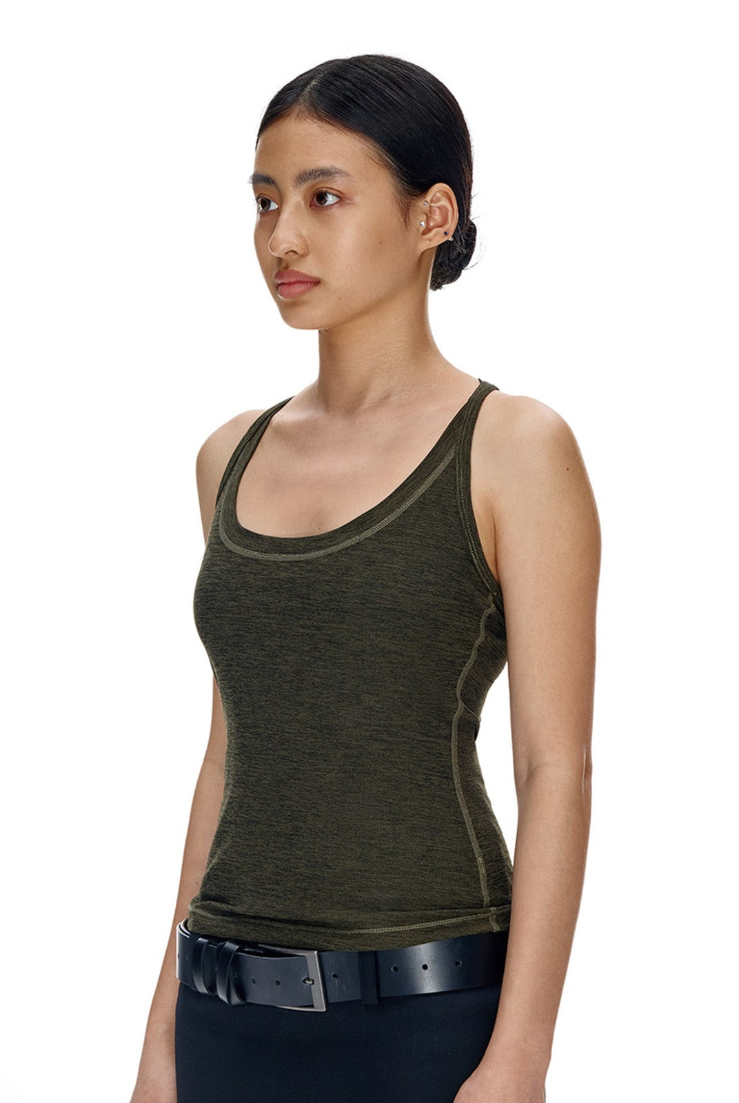 FaxCopyExpress Long U Cut Racer Tank in Olive - On Female Model