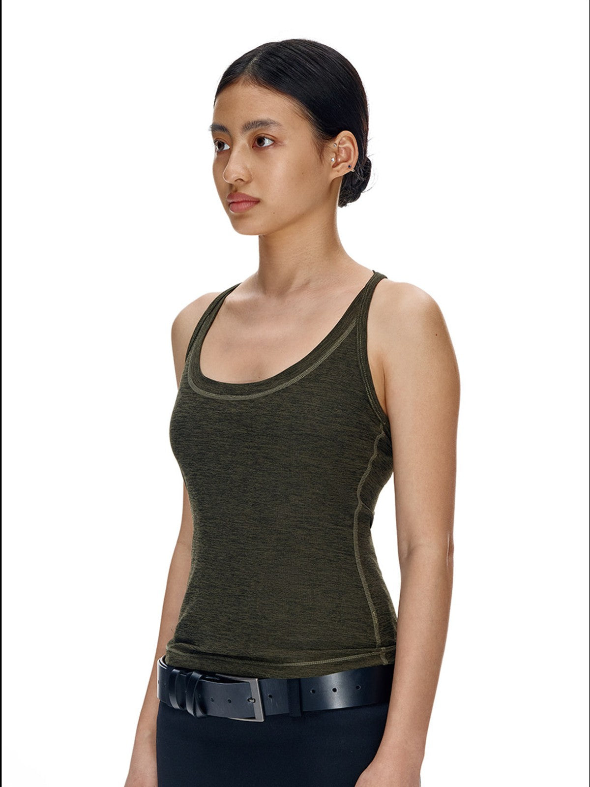 FaxCopyExpress Long U Cut Racer Tank in Olive - On Female Model