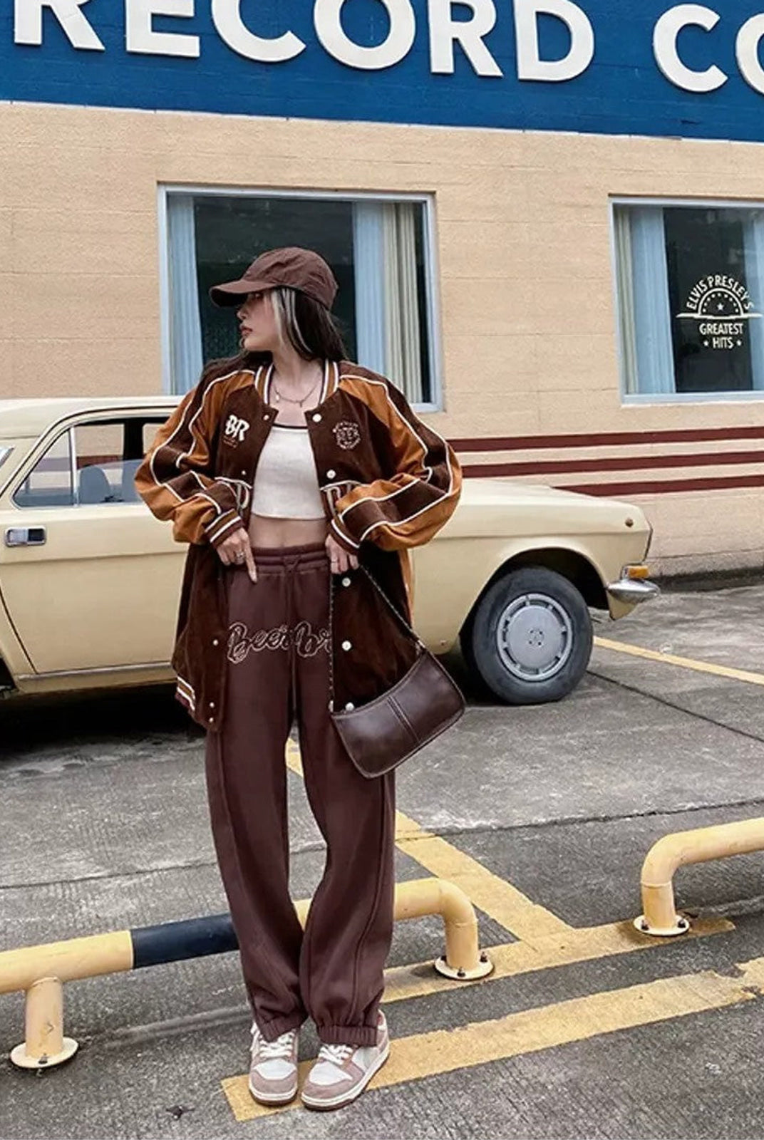 BeerBro Embroidered Script Joggers in Brown - On Female Model