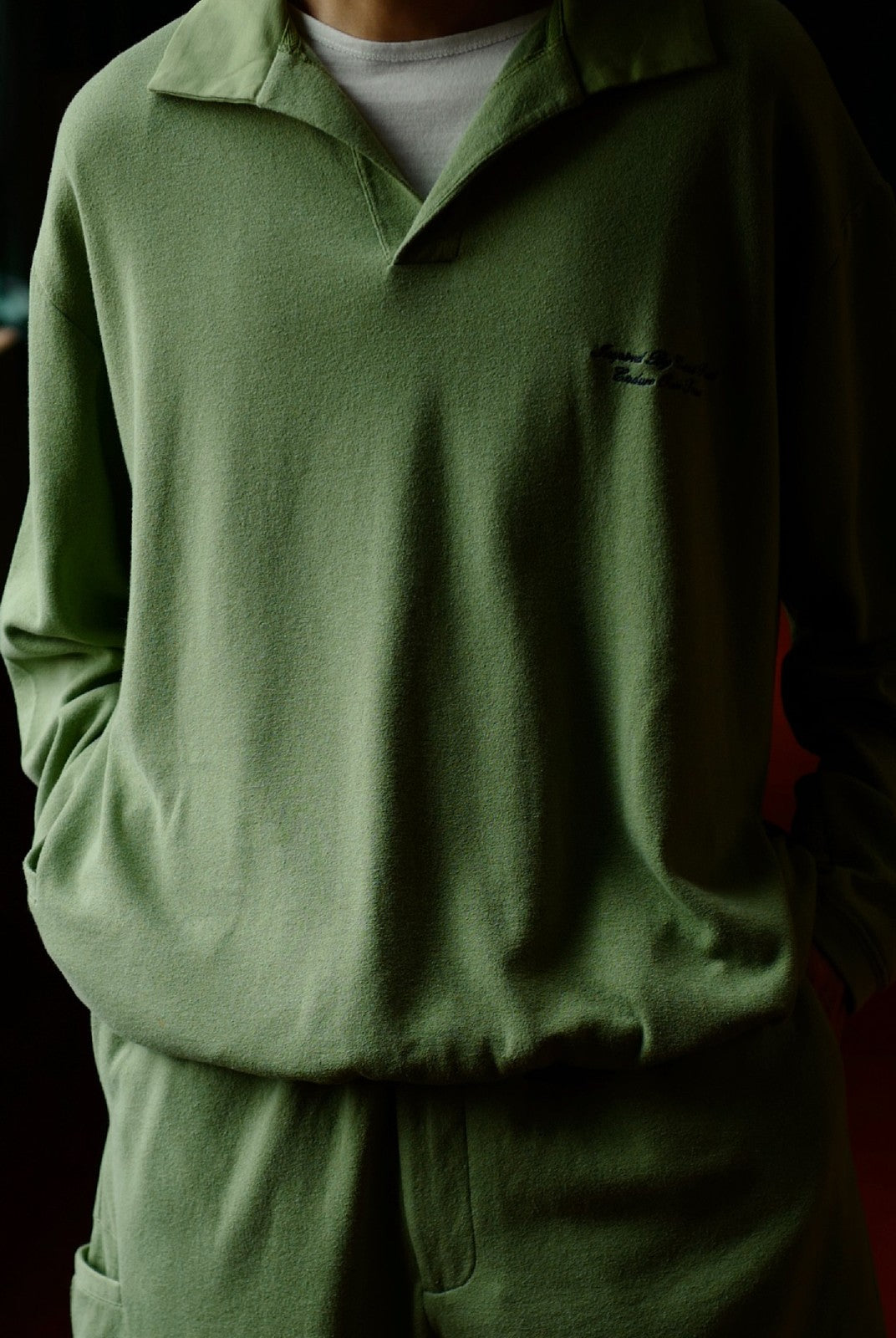 USAGE Oversized Textured Long Sleeve Polo in Mint - On Model