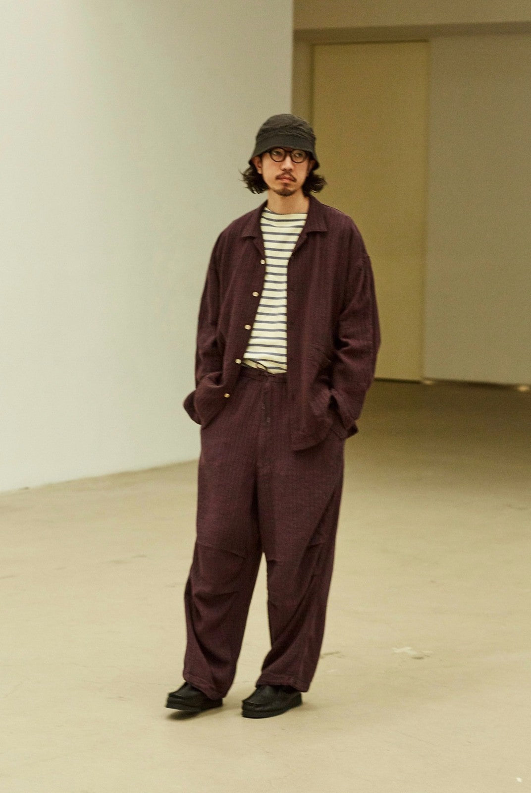 USAGE Textured Cotton Ramie Work Shirt in Purple - On Male Model