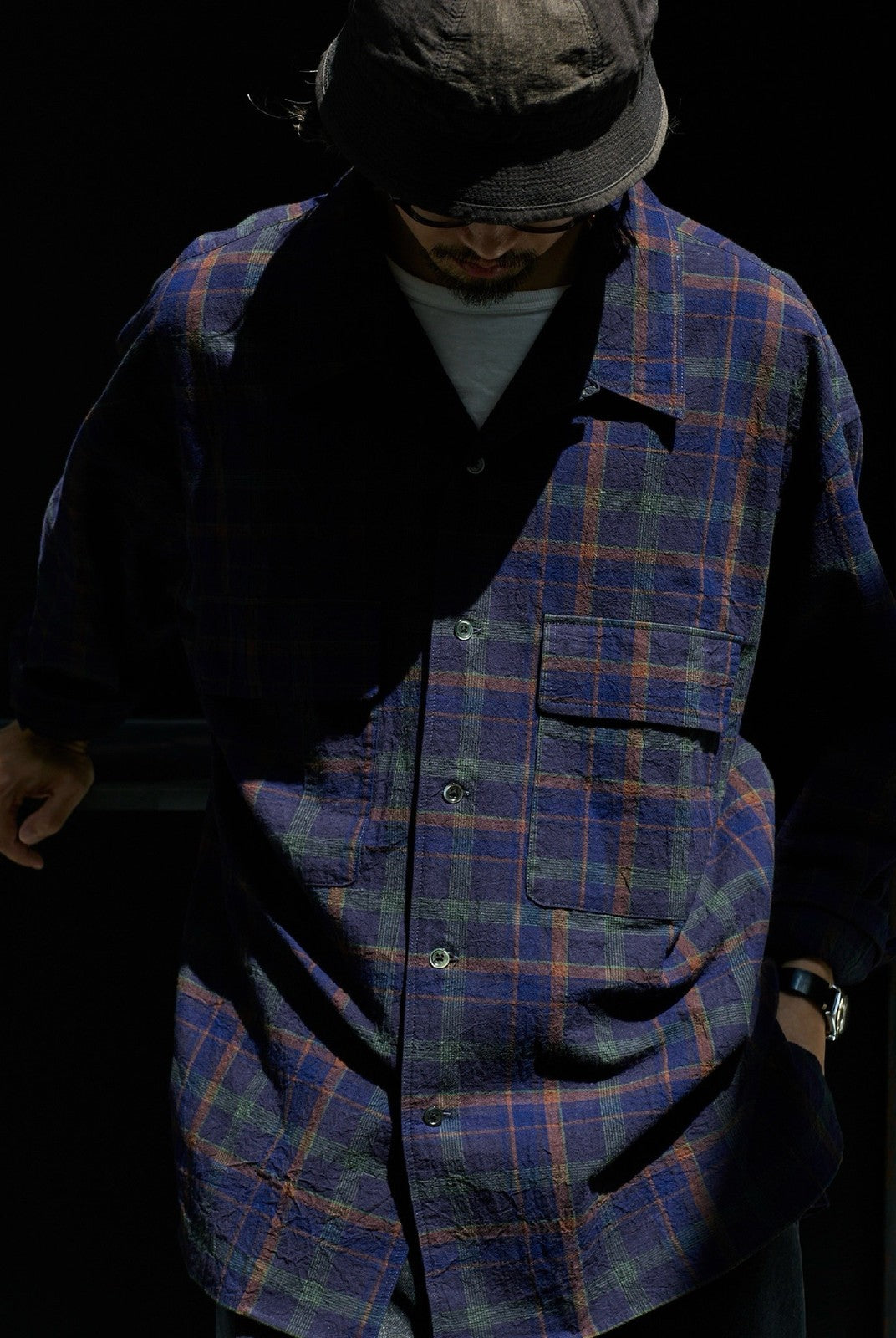 USAGE Washed Crinkle Plaid Open Collar Shirt in Navy Blue - On Male Model