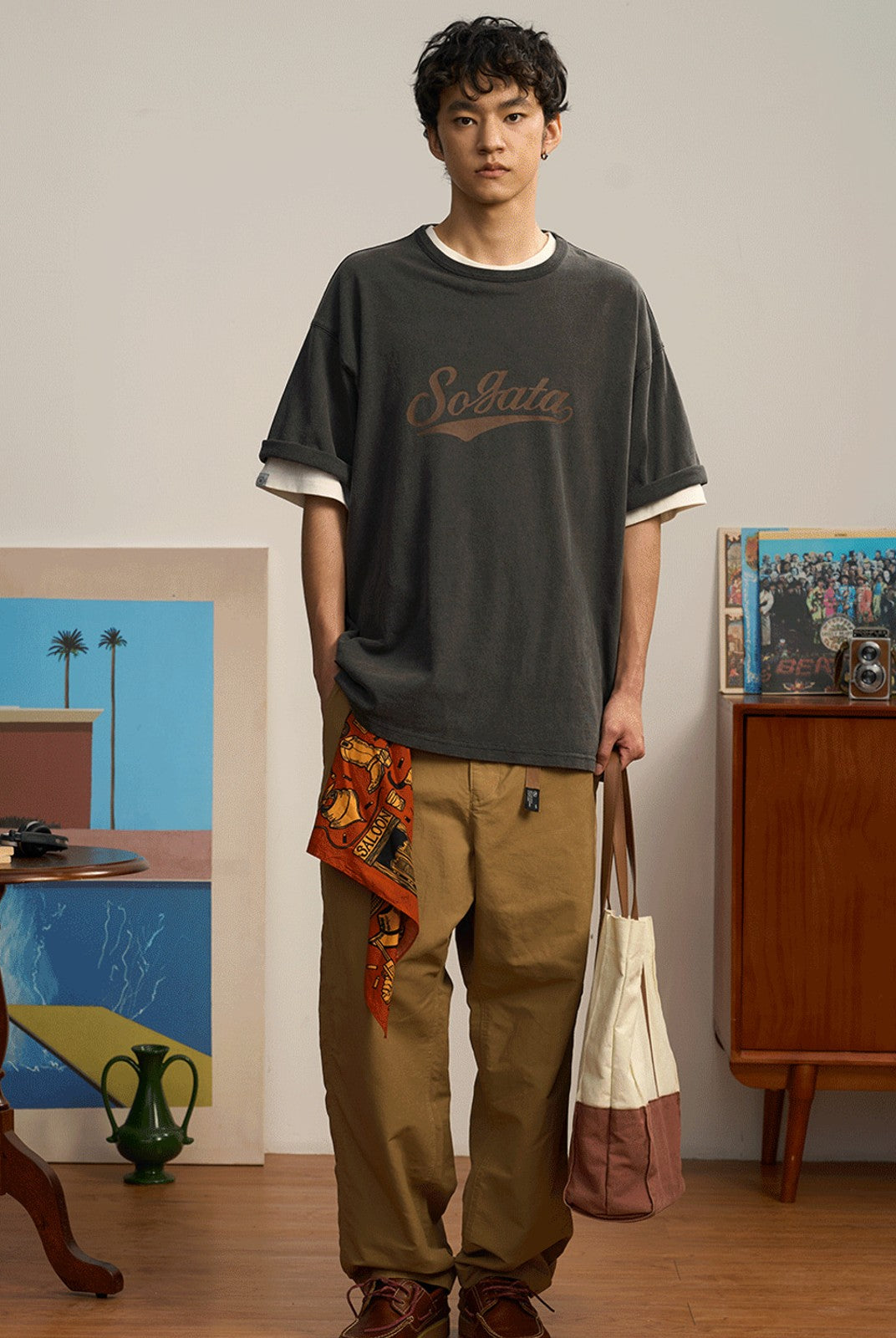 SOD Belted Cotton Nylon Tapered Pants in Beige - On Male Model
