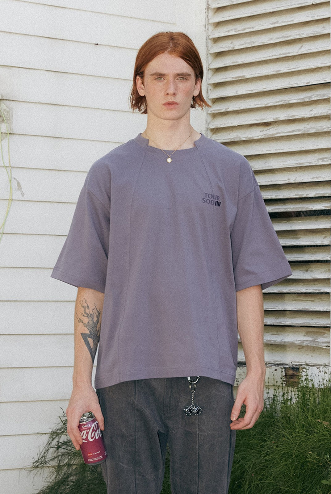 SOD Deconstructed Panel Cotton T Shirt in Purple - On Male Model