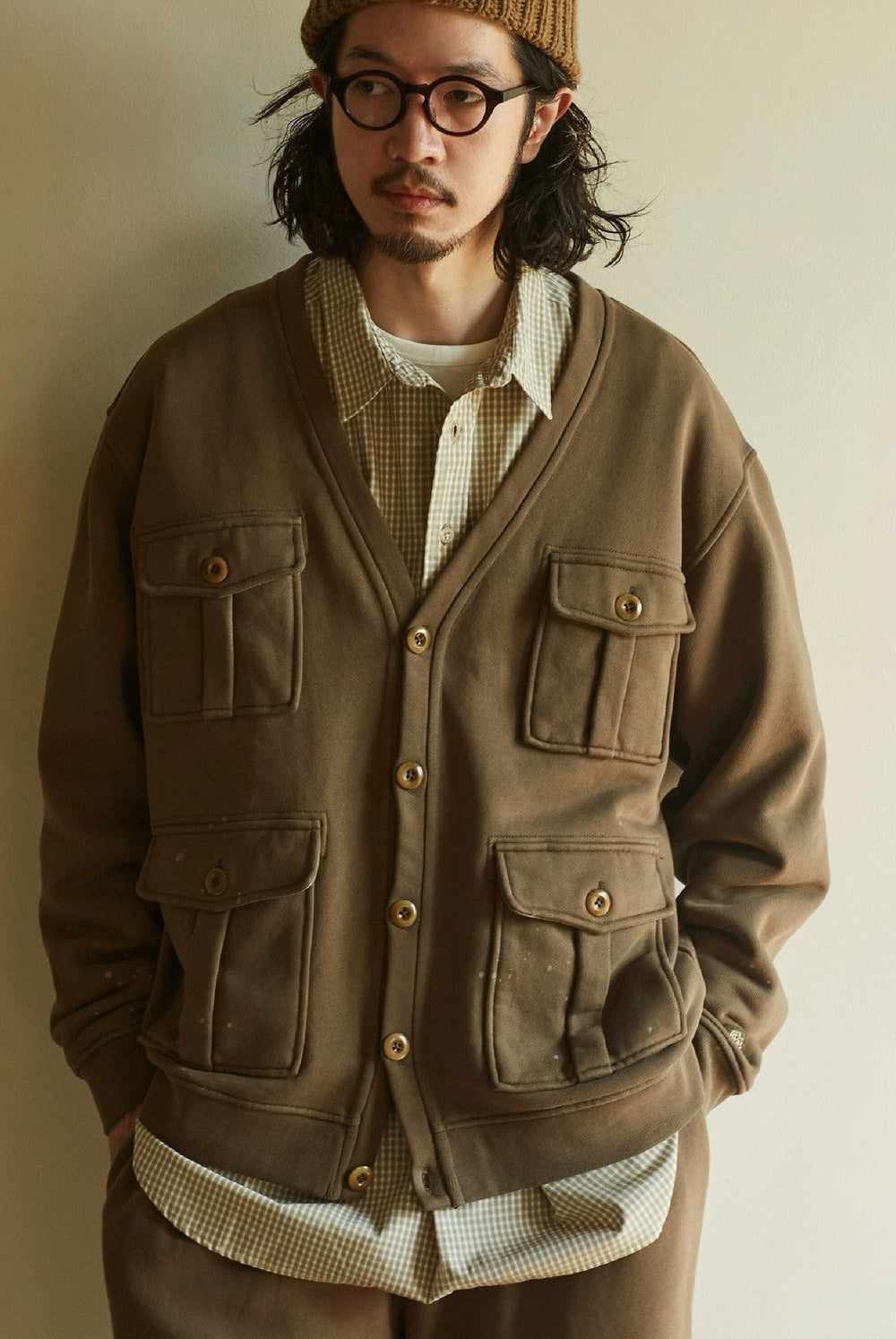 USAGE Cotton Safari Pocket Cardigan Sweatshirt in Beige - On Male Model