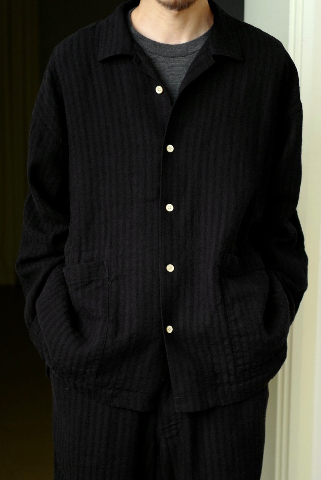 USAGE Textured Cotton Ramie Work Shirt in Black - On Male Model