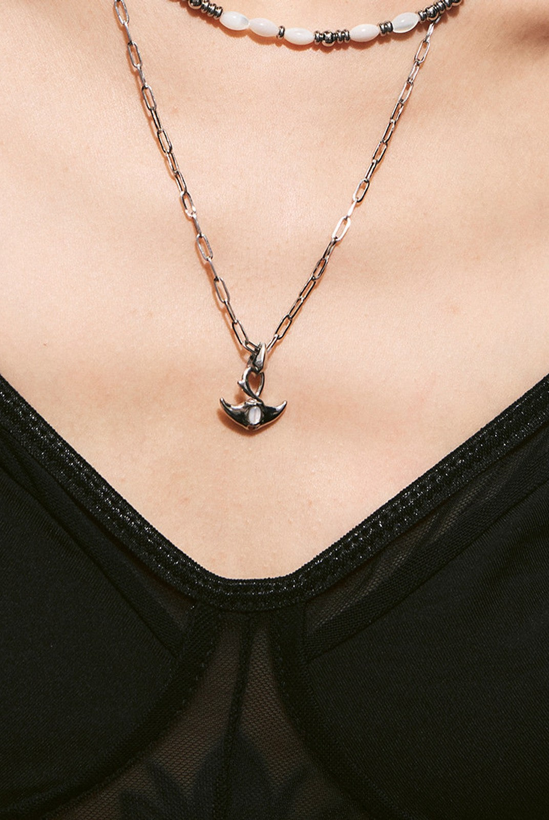 BLACKHEAD Double Layer Manta Ray Necklace in Silver - On Female Model