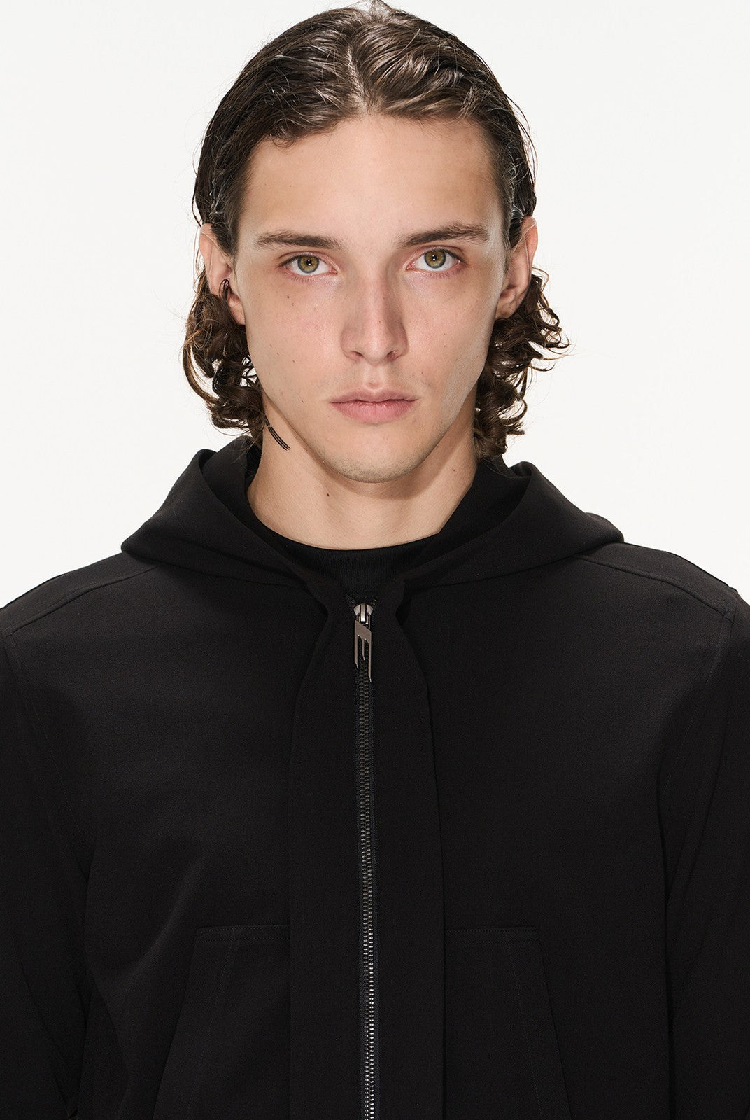BLINDNOPLAN Cropped Zip Up Hoodie with Structured Trim in Black - On Male Model