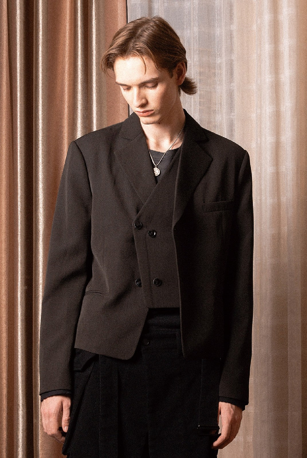 SOD Deconstructed Asymmetric Wool Blazer in Black - On Male Model