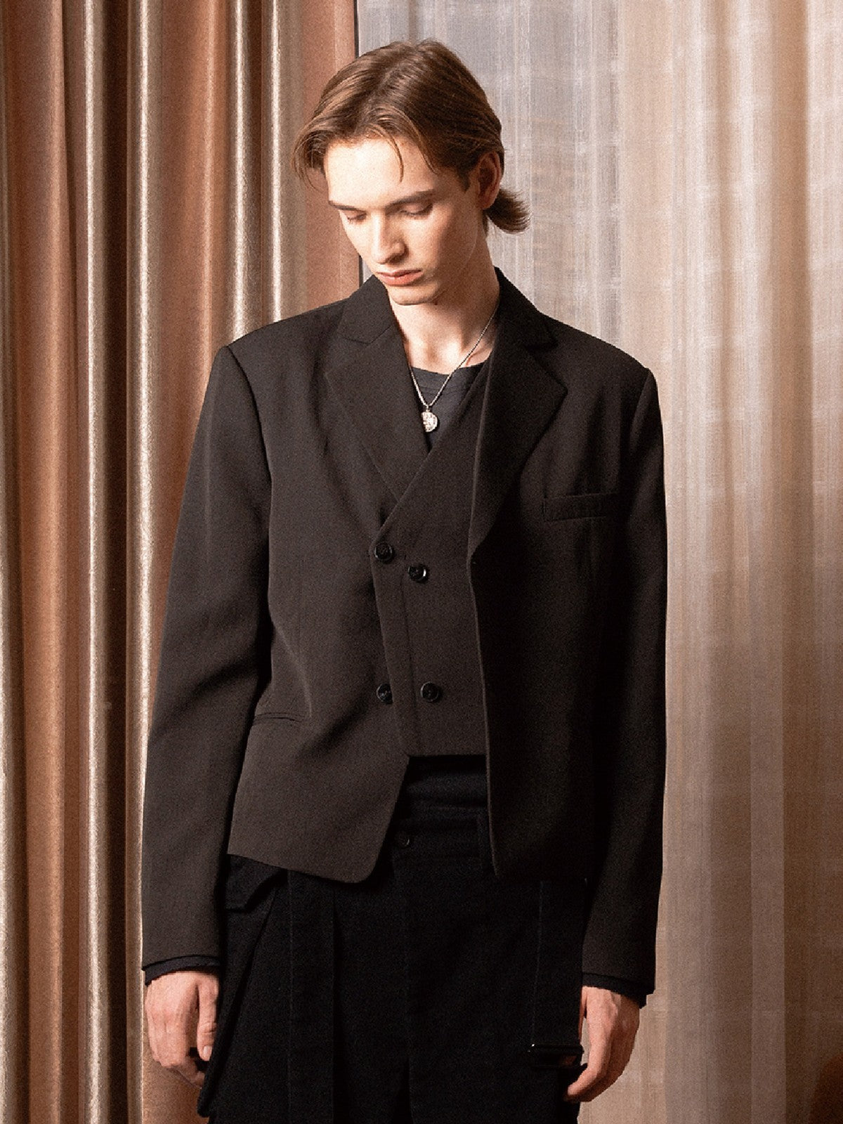 SOD Deconstructed Asymmetric Wool Blazer in Black - On Male Model