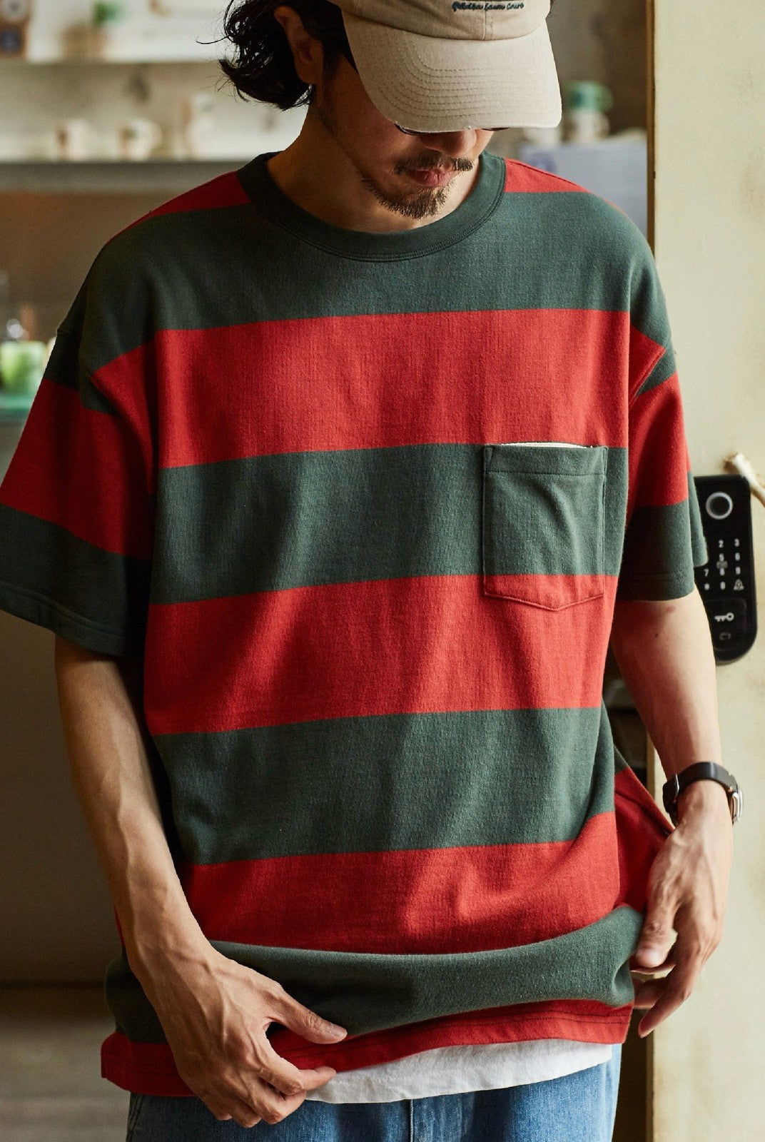 USAGE Wide Striped Cotton Pocket T Shirt in Green - On Male Model