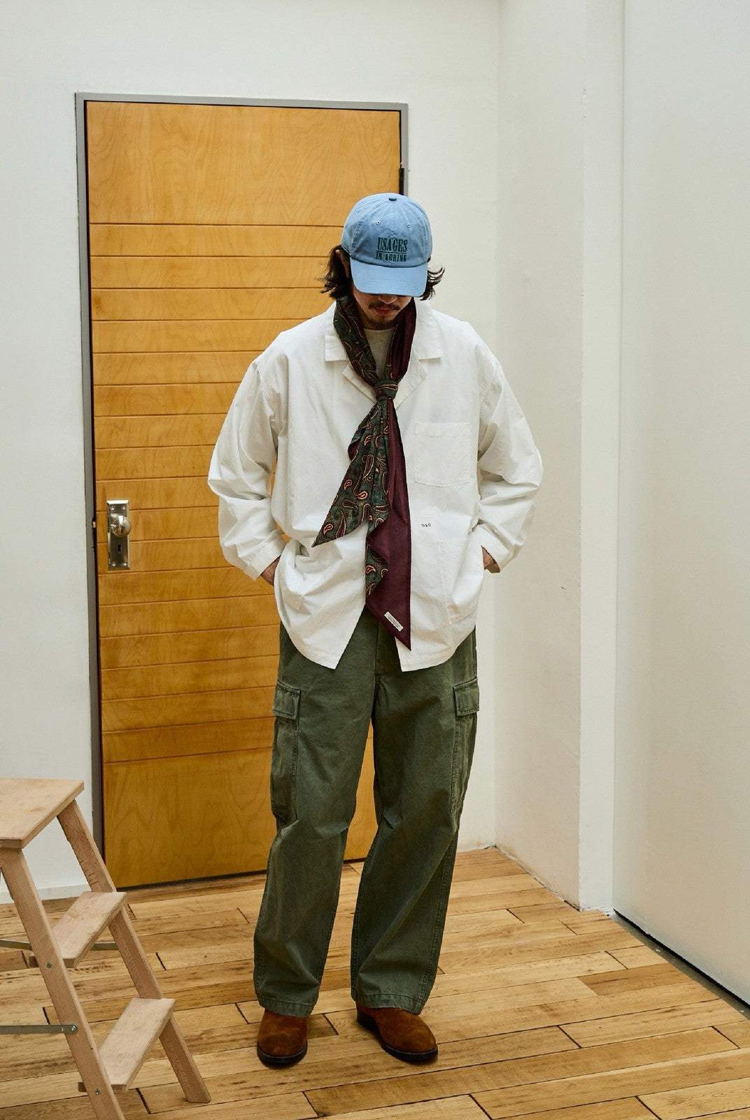USAGE Cotton Workwear Shirt Jacket in White - On Male Model