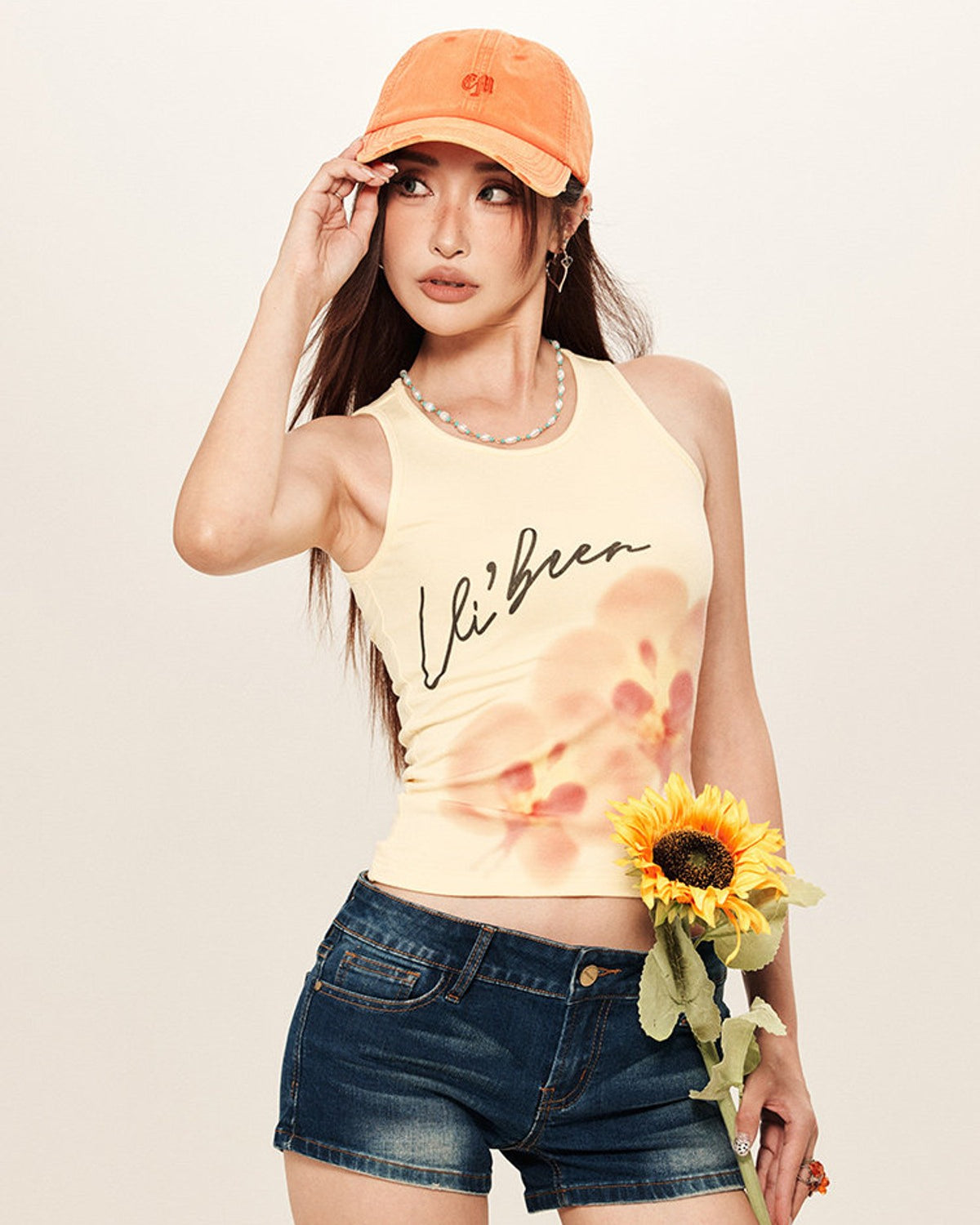 BEERBRO Orchid Graphic Knit Tank in Yellow - On Female Model