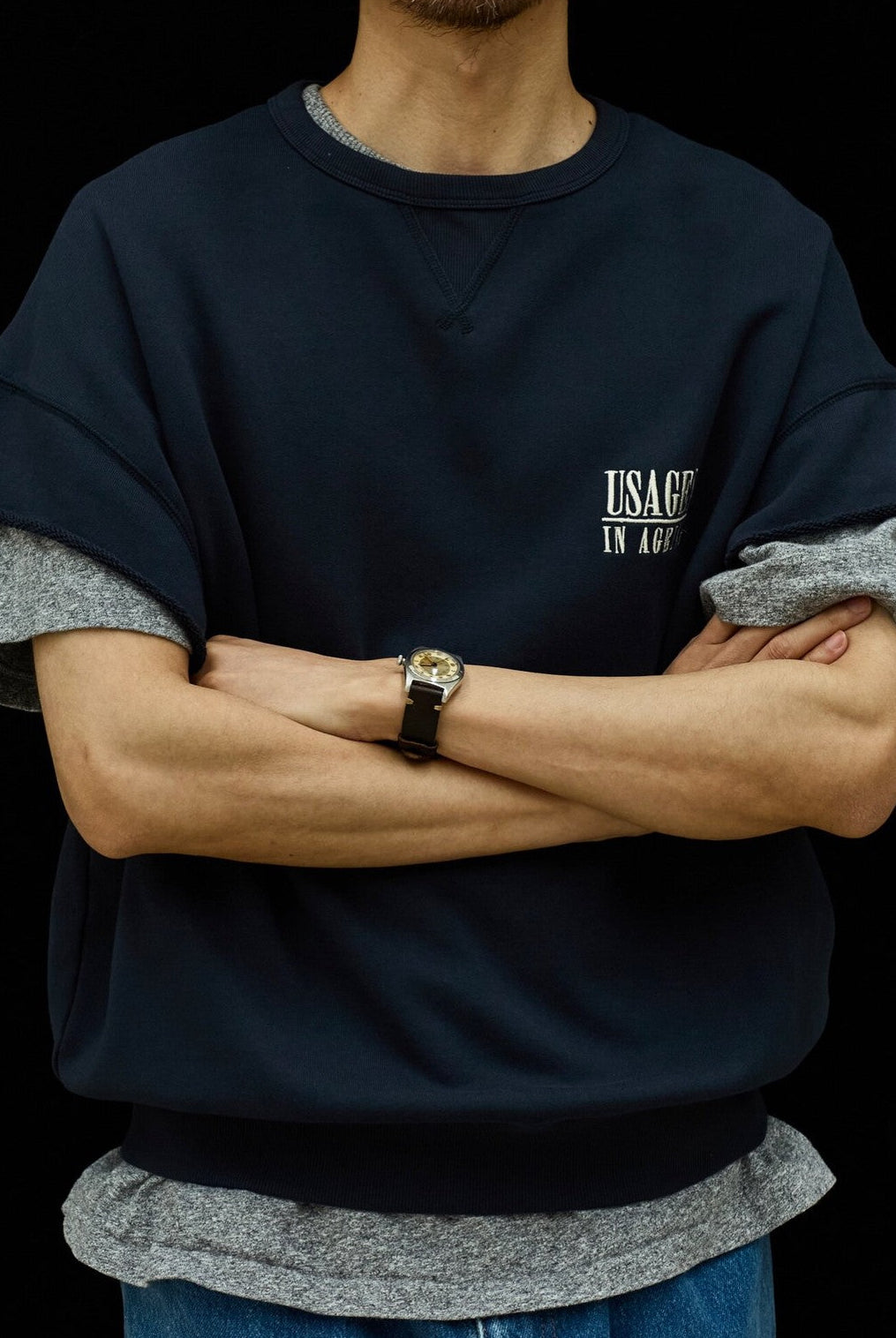 USAGE Raw Edge Cotton Short Sleeve Sweatshirt in Navy Blue - On Male Model
