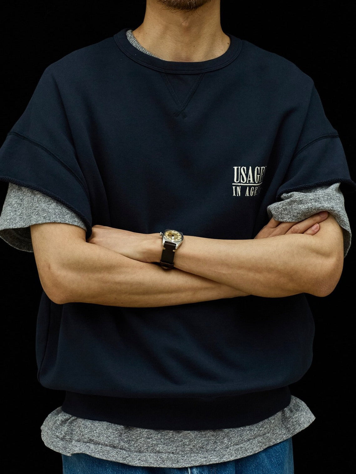 USAGE Raw Edge Cotton Short Sleeve Sweatshirt in Navy Blue - On Male Model