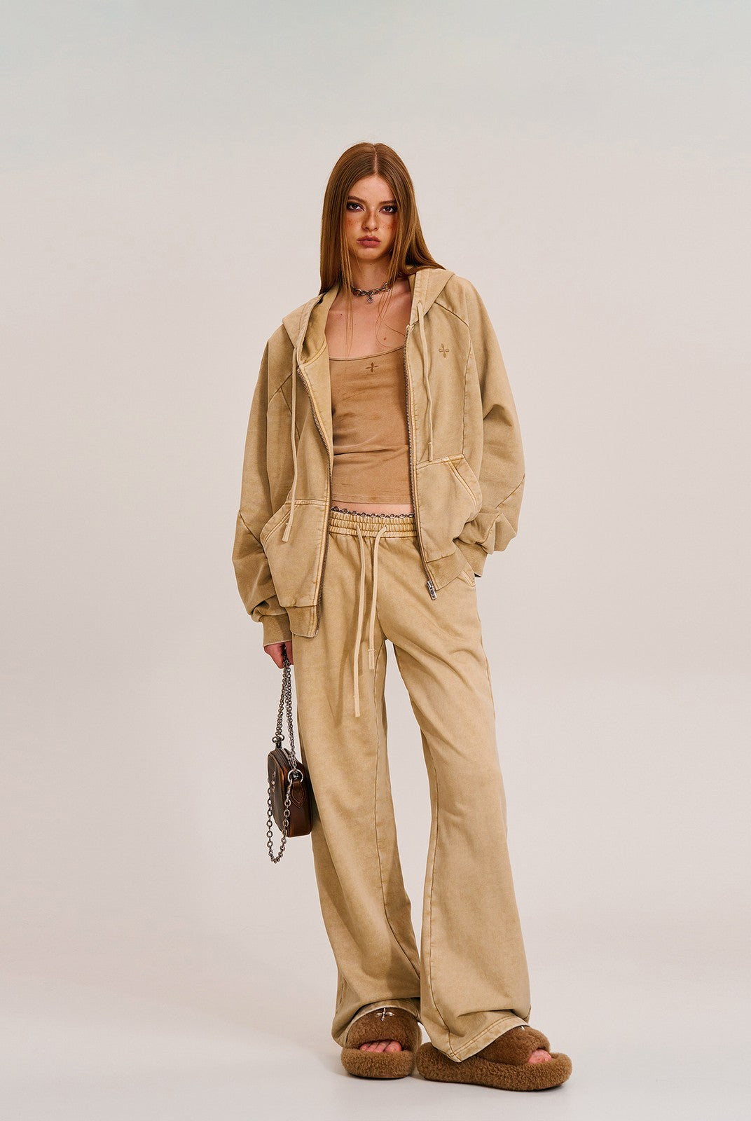 SMFK Washed Cotton Zip Up Hoodie in Beige - On Female Model