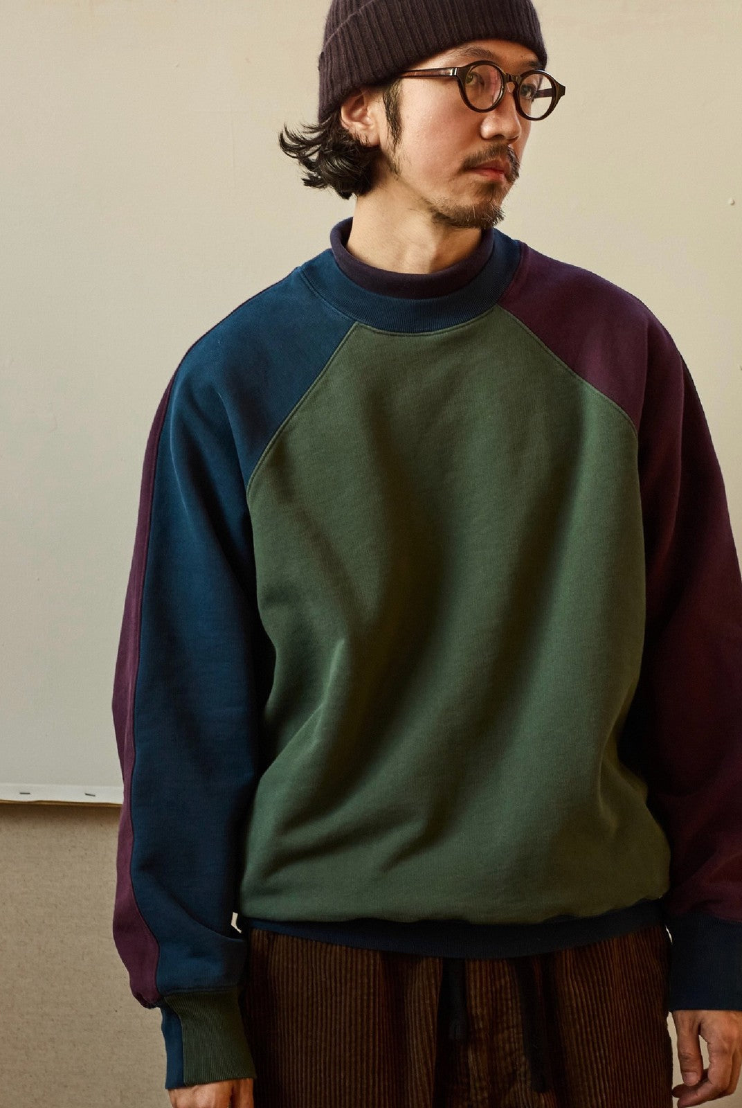 USAGE Colorblock Raglan Cotton Sweatshirt in Green - On Male Model