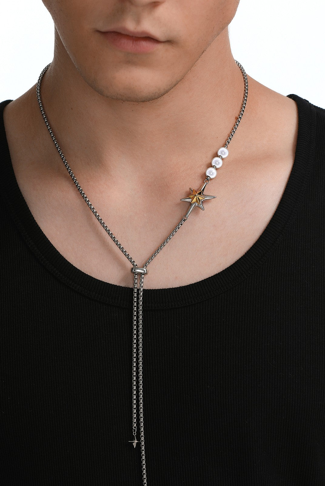 BLACKHEAD Star Pendant Pearl Layered Necklace in Gray - On Male Model