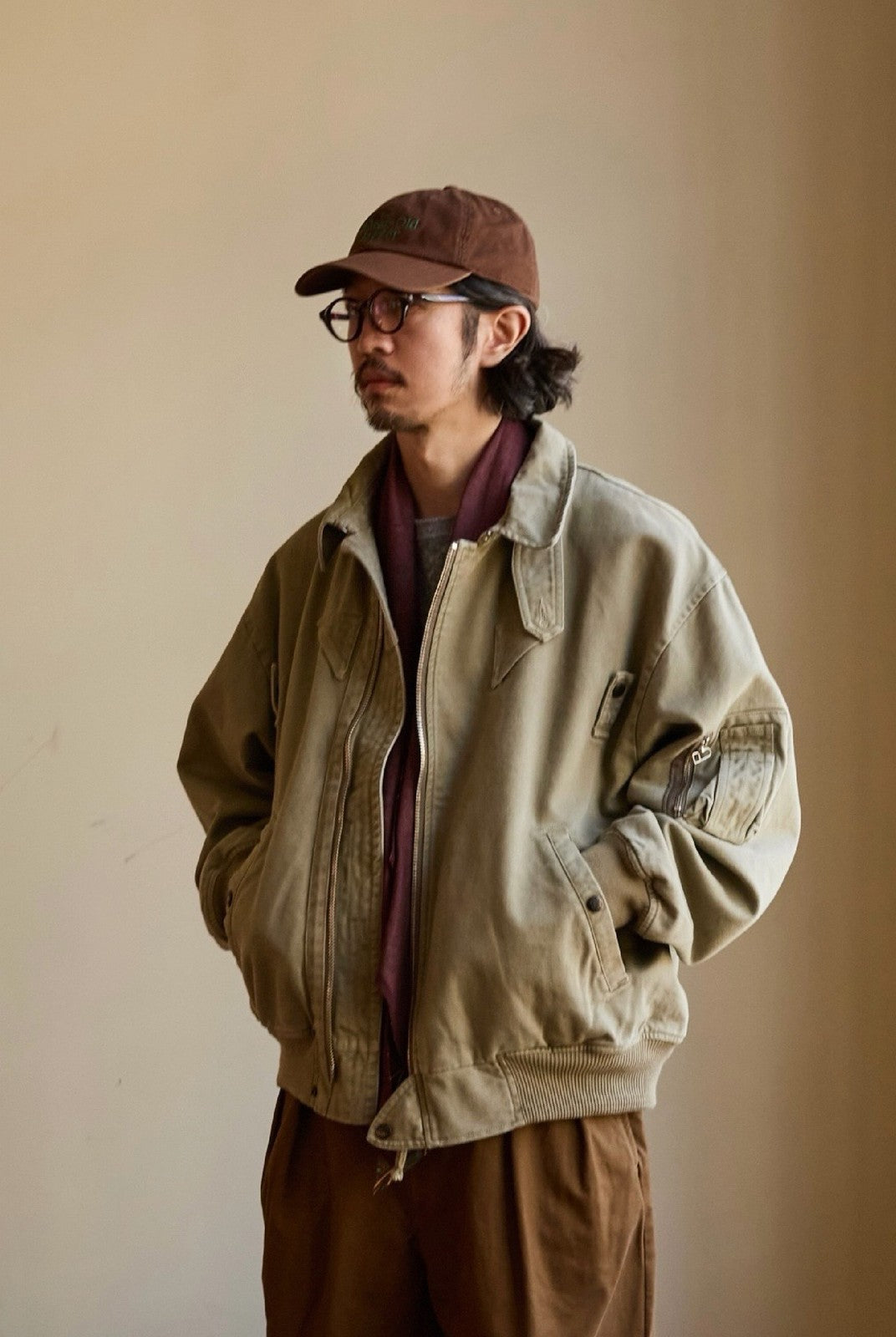 USAGE Washed Cotton Lyocell B 15 Bomber in Khaki - On Male Model
