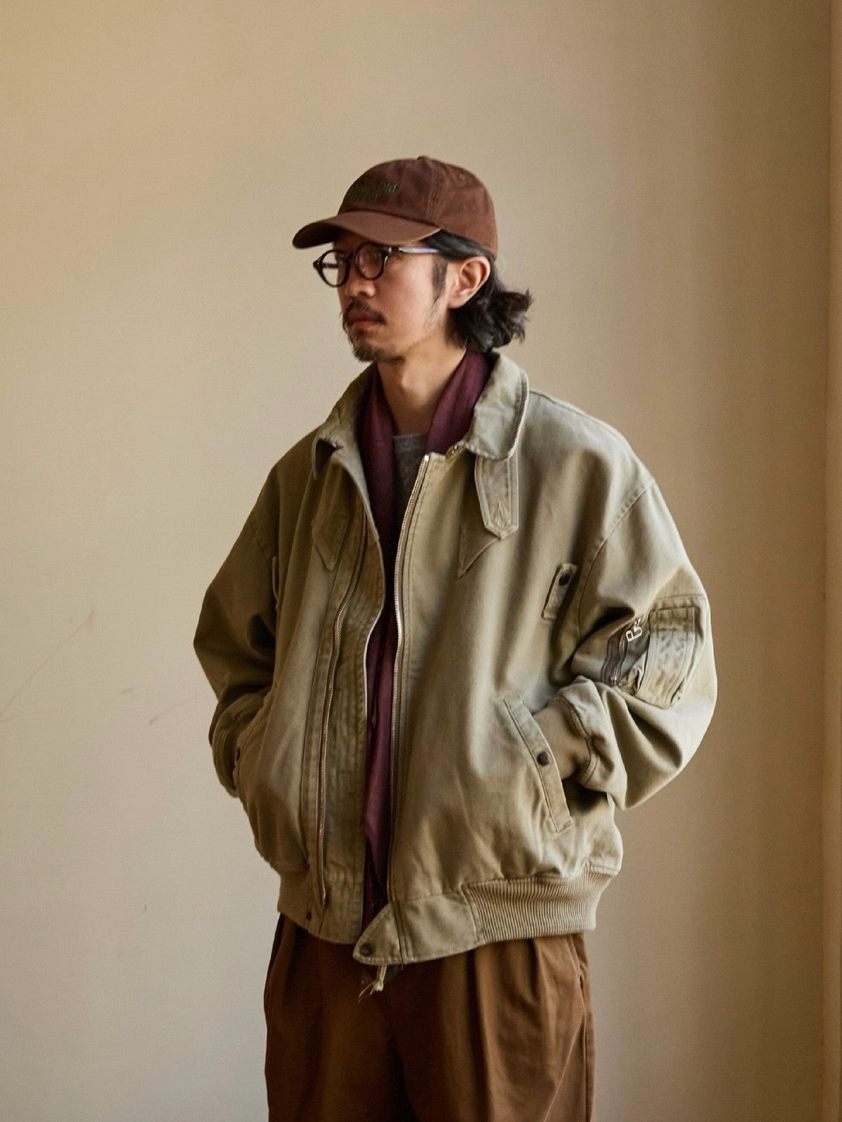 USAGE Washed Cotton Lyocell B 15 Bomber in Khaki - On Male Model