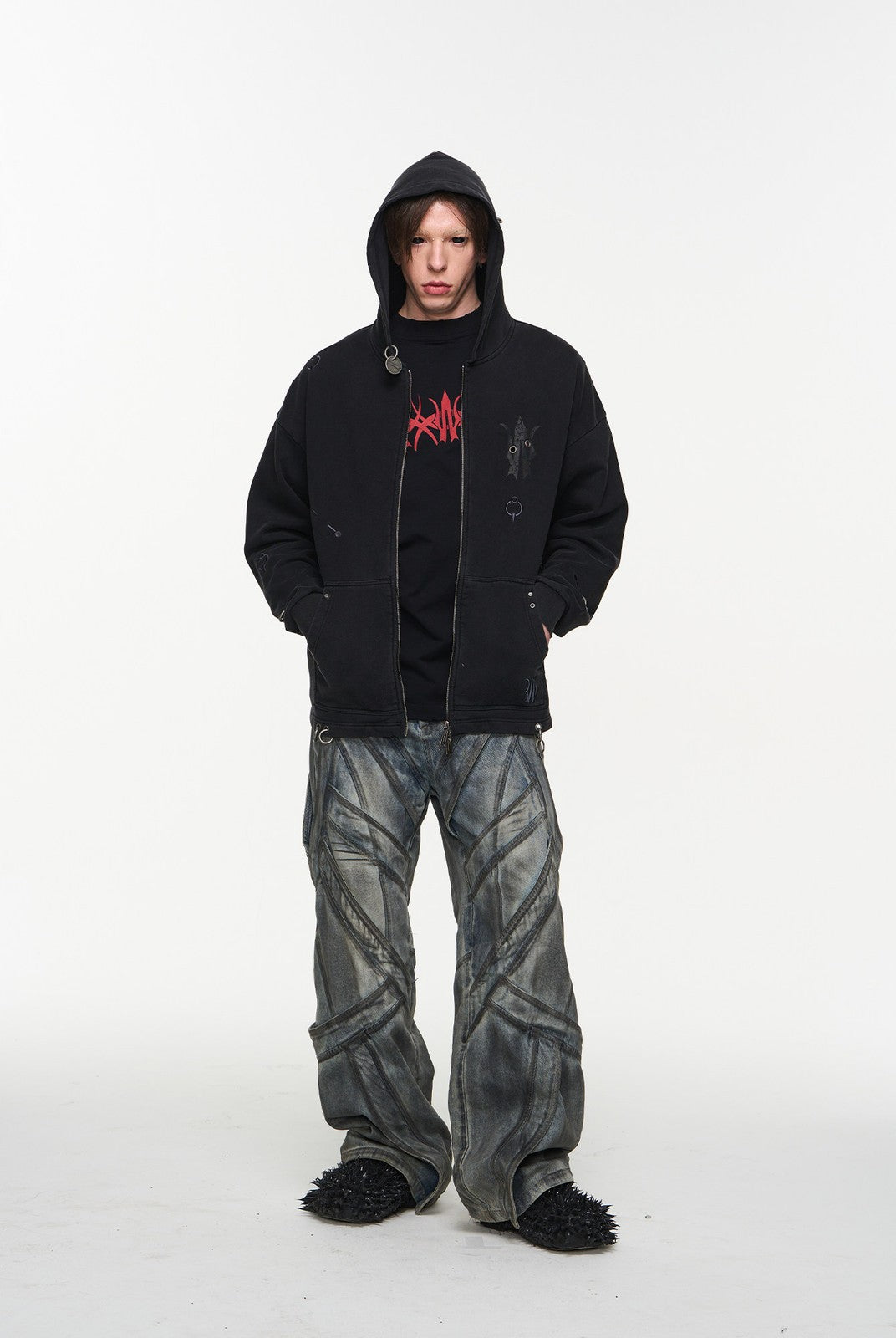 BLINDNOPLAN Washed Distressed Graphic Zip Hoodie in Black - On Male Model