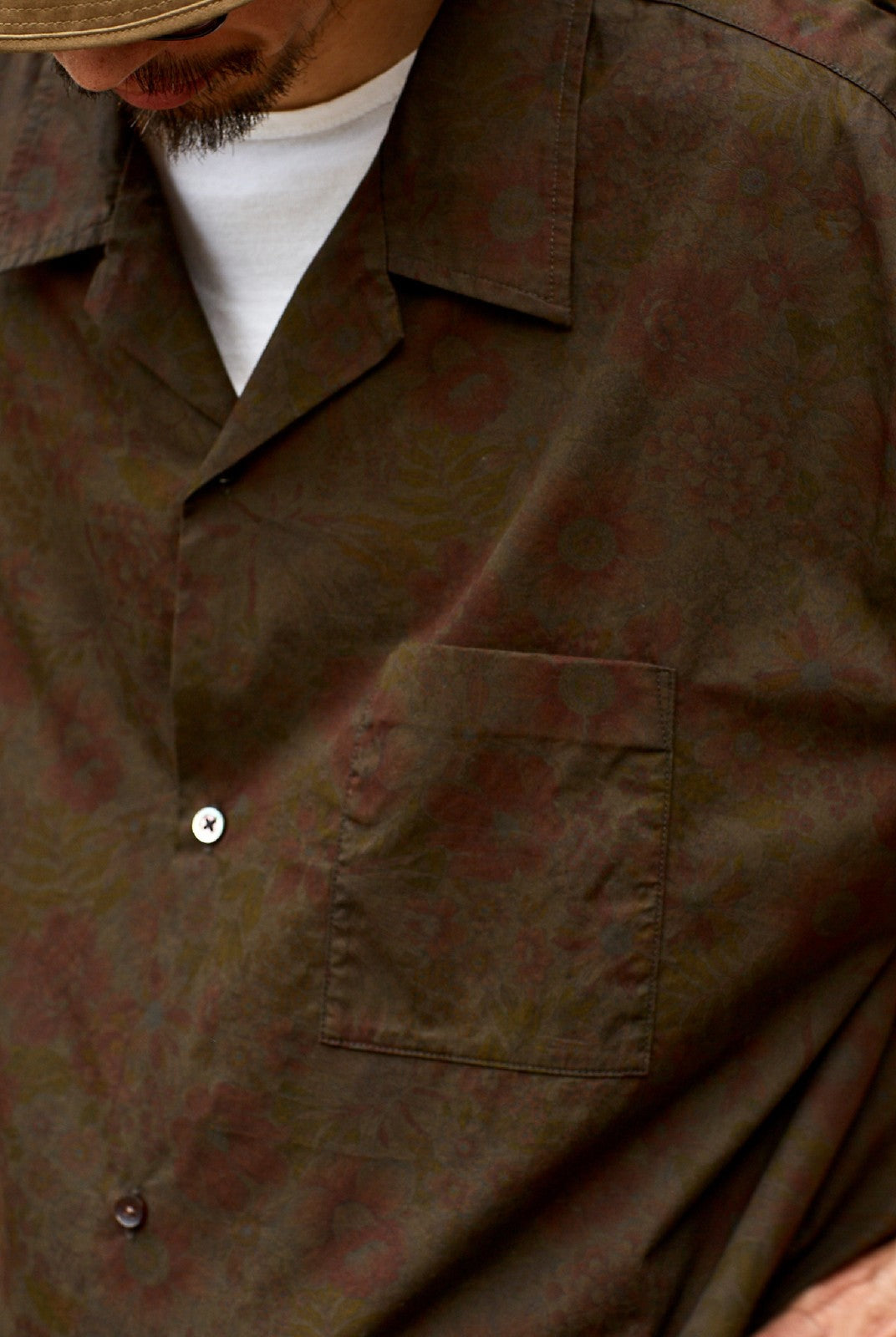 USAGE Floral Japanese Cotton Aloha Shirt in Brown - On Male Model