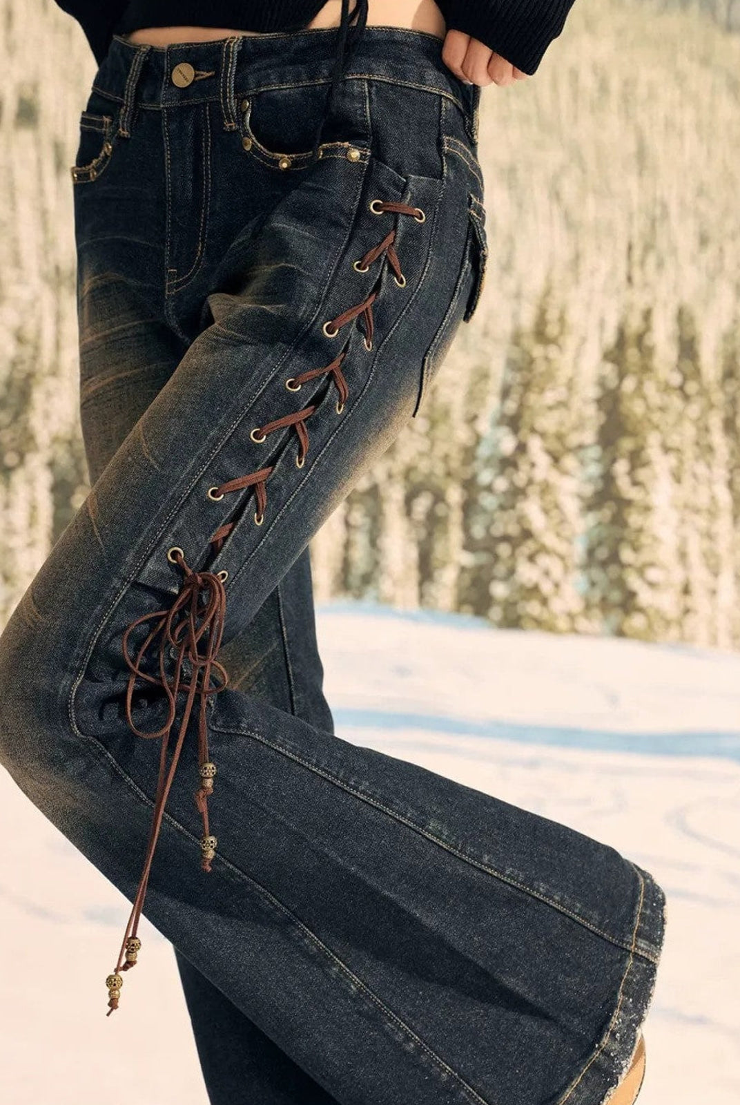 BeerBro Side Lace Up Low Rise Flare Jeans in Blue - On Female Model