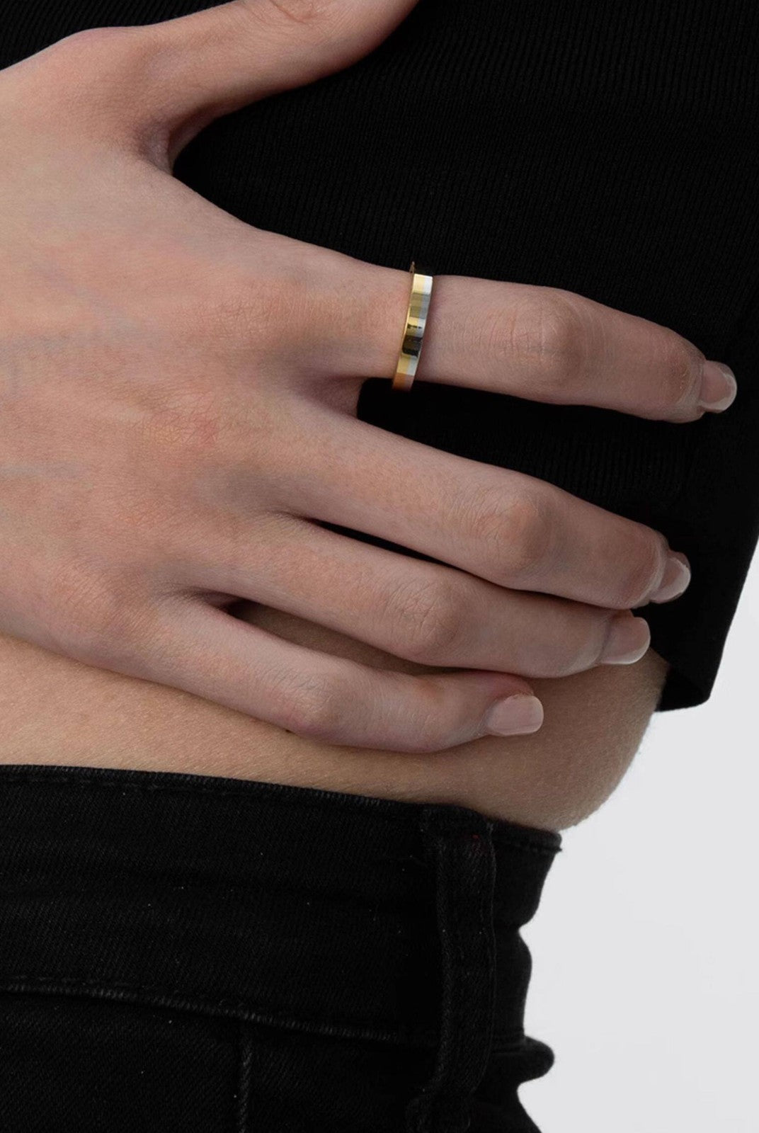 BLACKHEAD Two Tone Engraved Steel Ring in Yellow - On Female Model