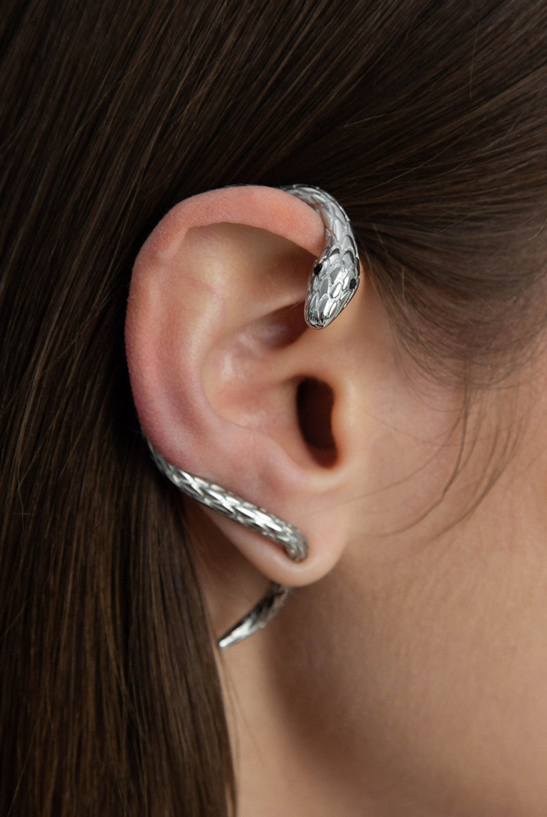BLACKHEAD Exaggerated Snake Ear Cuff in Silver - On Female Model
