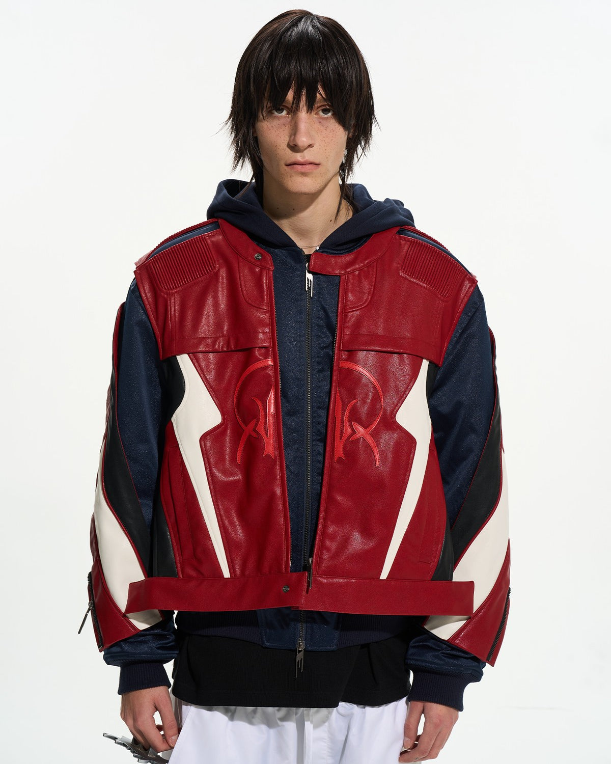 BLINDNOPLAN Layered Colorblock Racing Jacket in Red - On Male Model