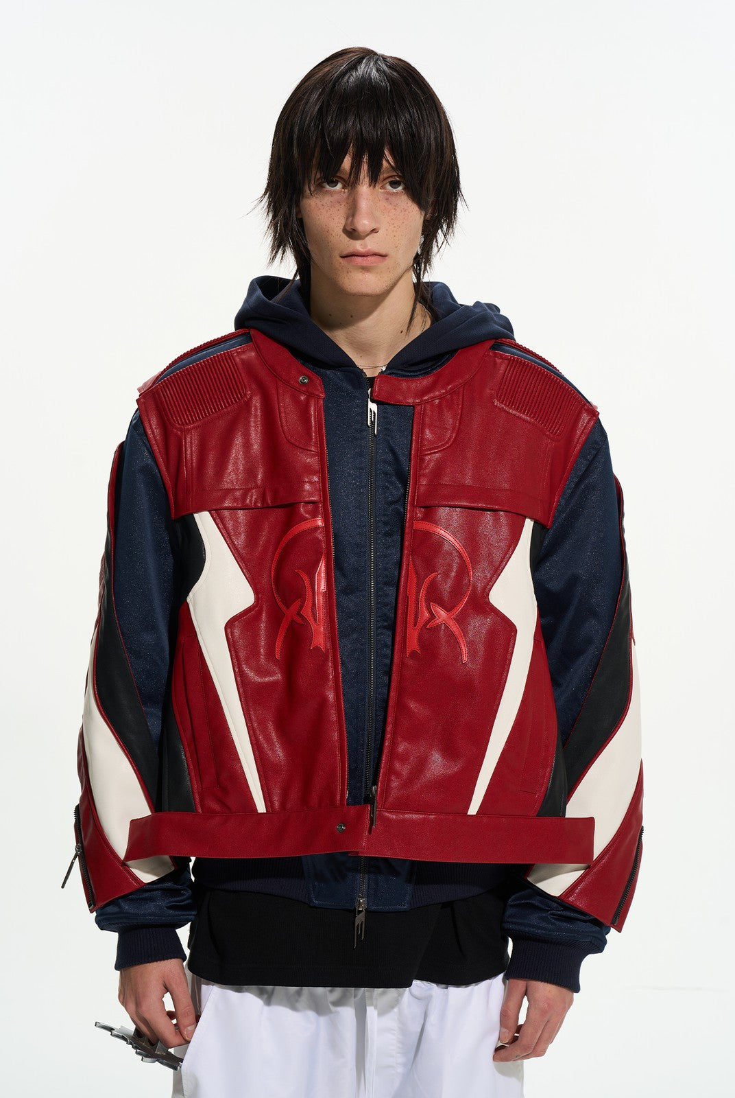 BLINDNOPLAN Layered Colorblock Racing Jacket in Red - On Male Model