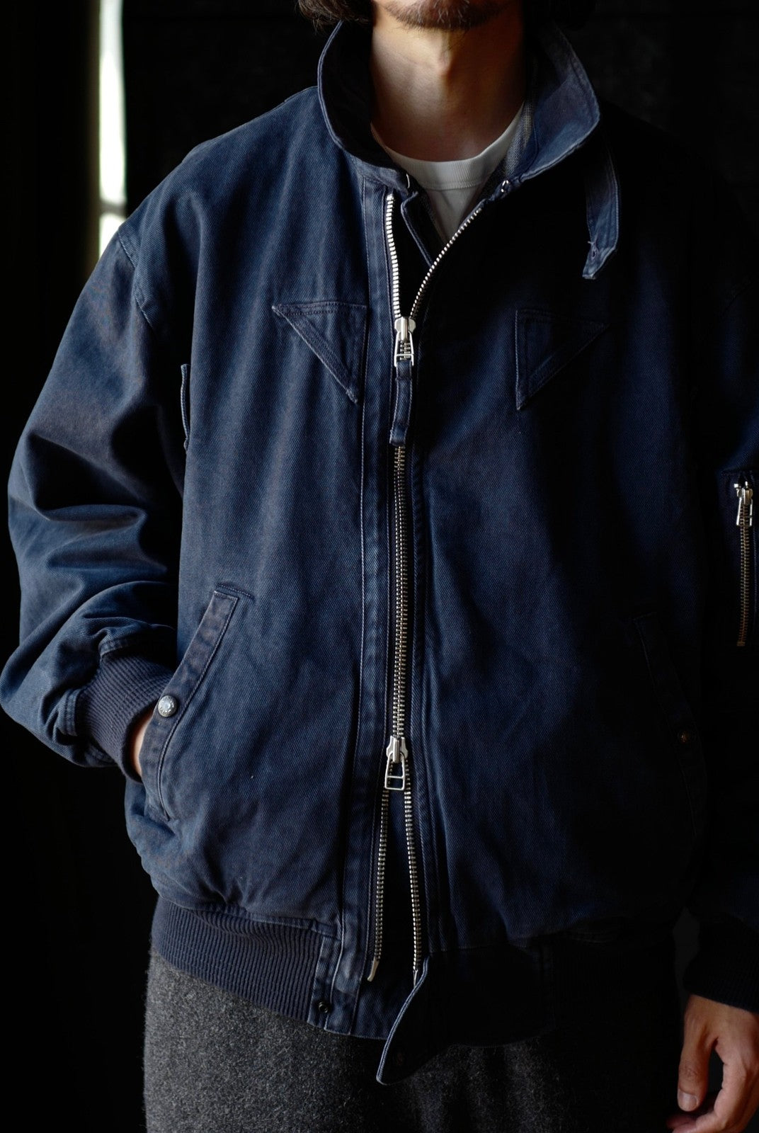 USAGE Washed Cotton Lyocell B 15 Bomber in Navy - On Male Model