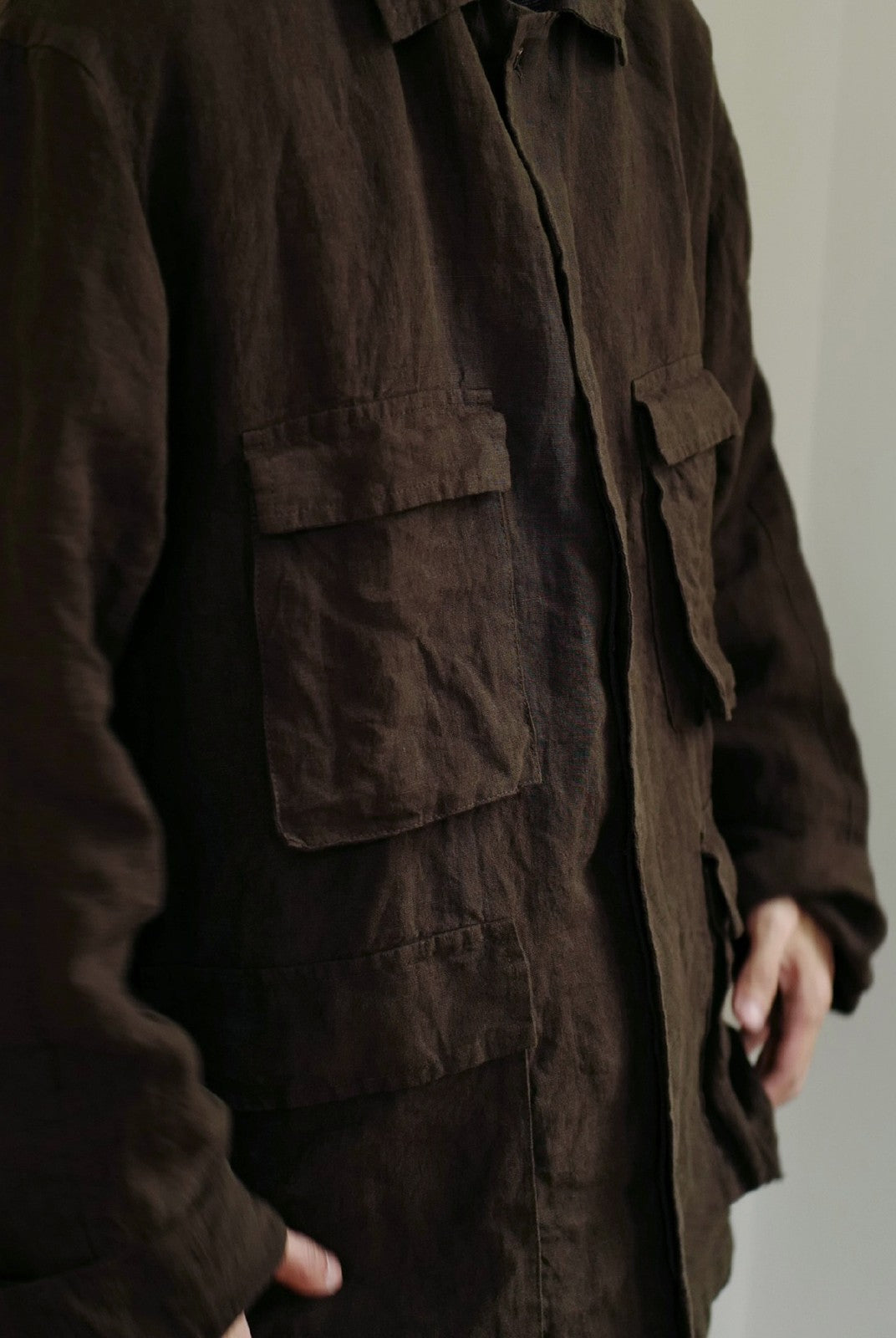 USAGE Linen Four Pocket BDU Jacket in Brown - On Male Model