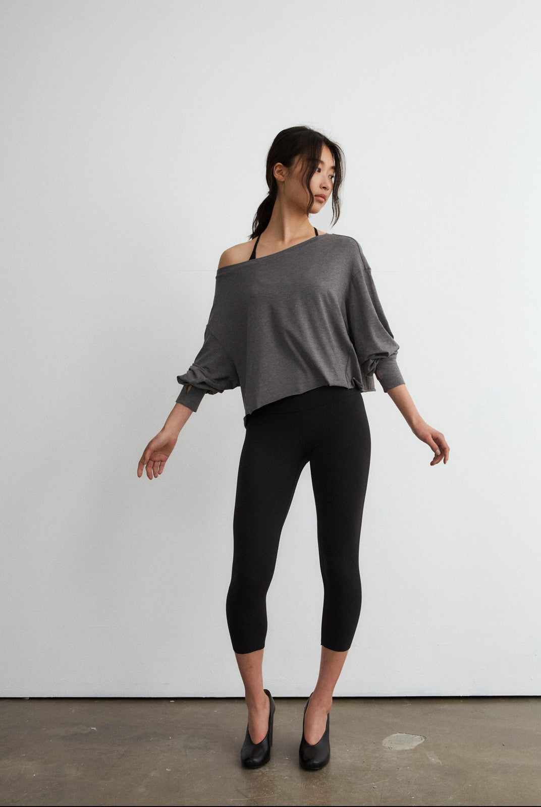 FaxCopyExpress Off Shoulder Overlay Sweatshirt in Gray - On Female Model