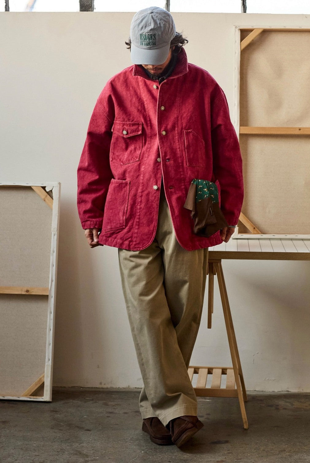 USAGE Washed Heavyweight Cotton Chore Jacket in Red - On Male Model