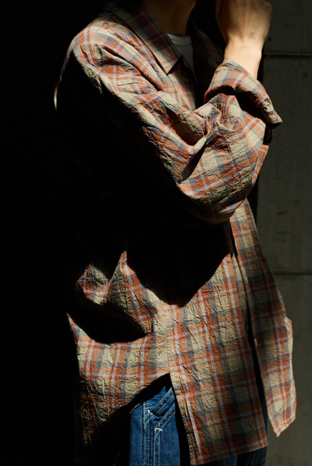 USAGE Washed Crinkle Plaid Open Collar Shirt in Orange - On Male Model