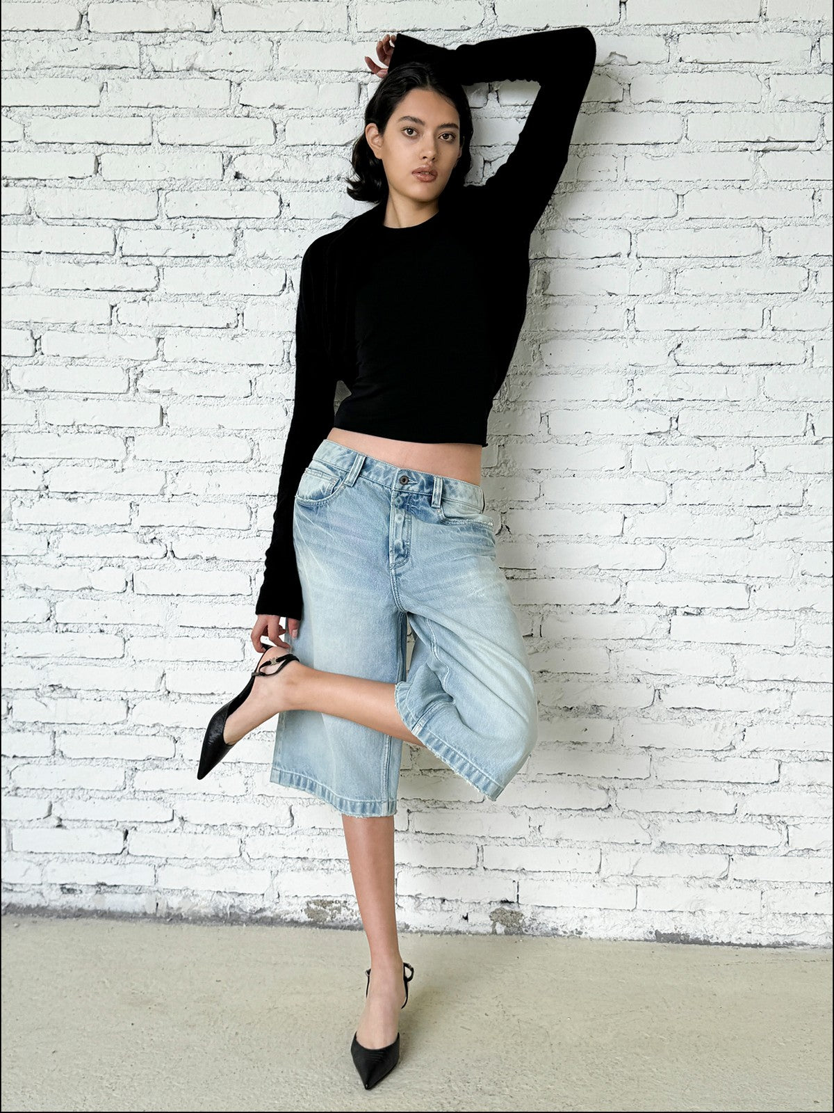 FaxCopyExpress Washed Gardener Denim Shorts in Blue - On Female Model