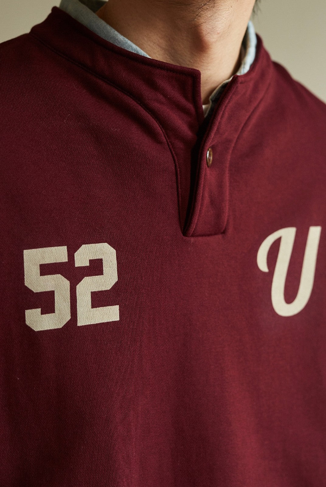 USAGE Terry Cotton Henley Sweatshirt in Burgundy - On Male Model