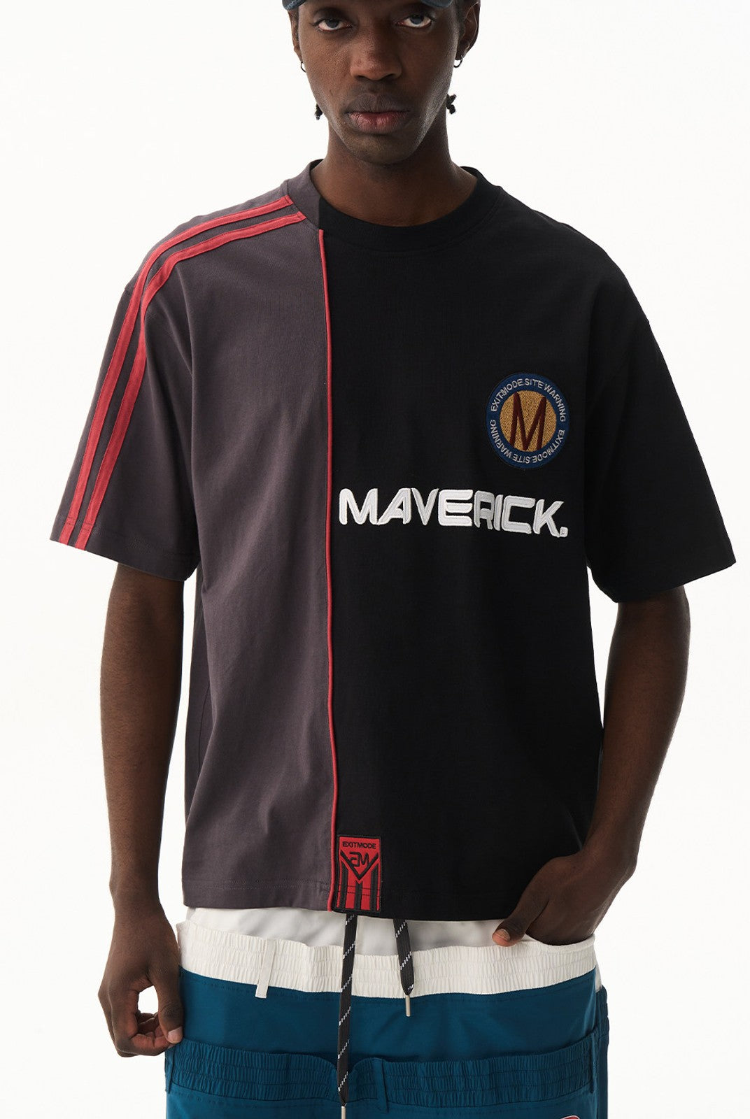 BLINDNOPLAN Panelled Embroidered Colorblock T Shirt in Black - On Male Model