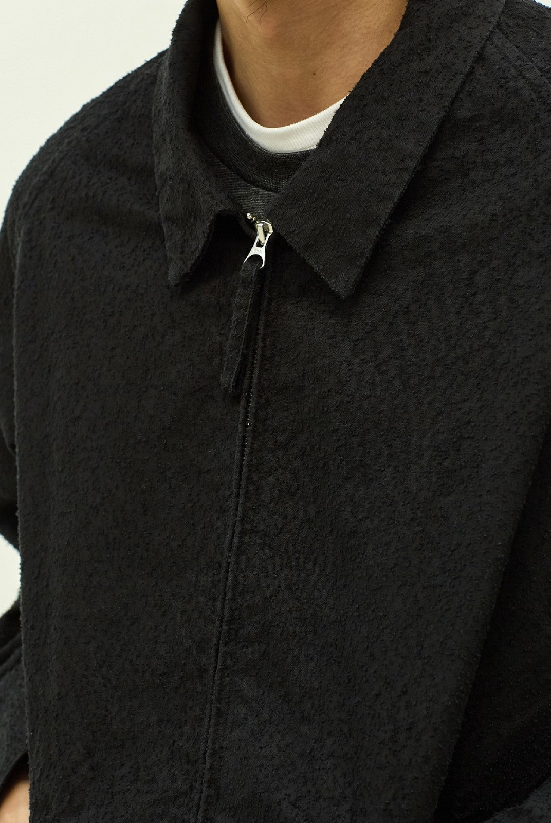 USAGE Textured Nep Blouson Jacket in Black - On Male Model