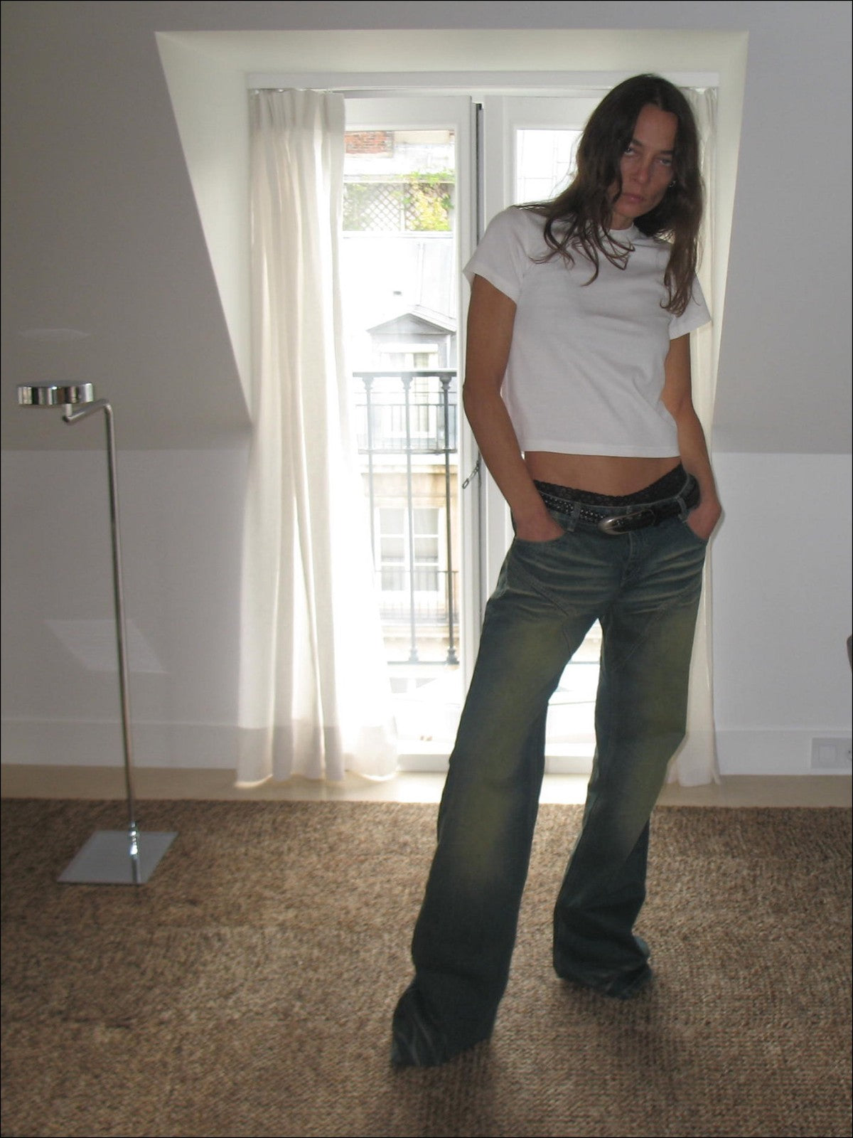 FaxCopyExpress Curved Panel Dirty Wash Jeans in Denim - On Female Model
