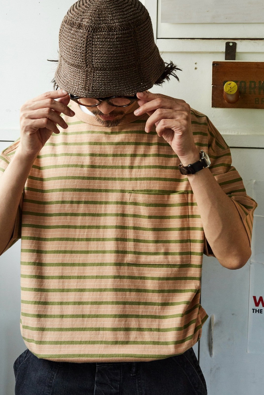 USAGE Retro Striped Cotton T Shirt in Pink - On Male Model