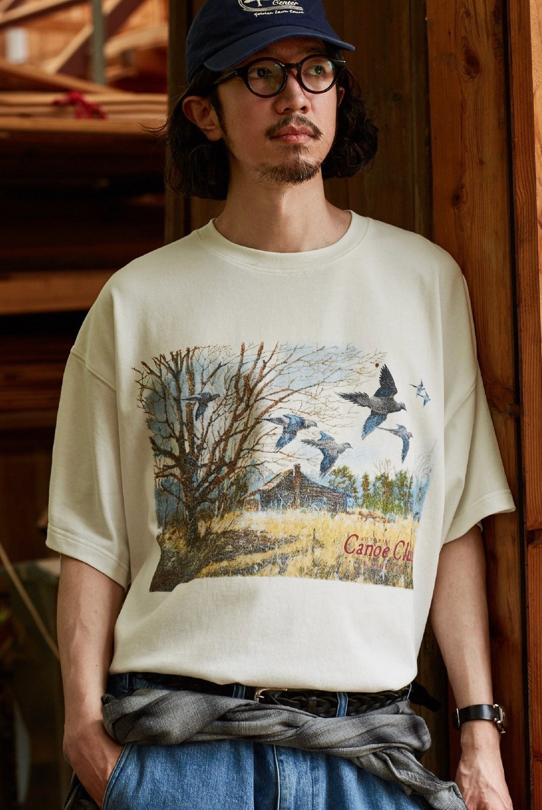 USAGE Canoe Club Graphic Cotton T Shirt in White - On Male Model