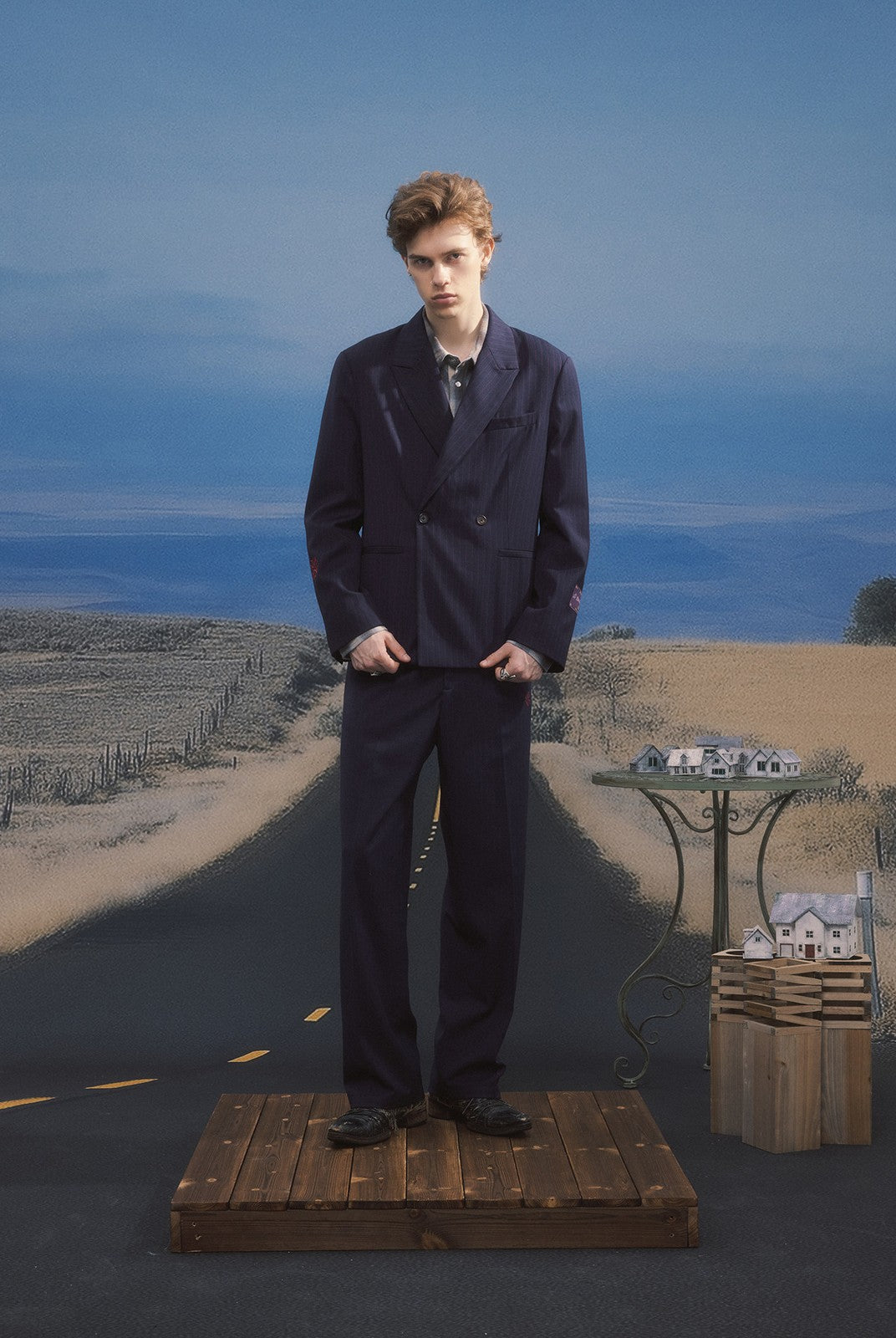 SOD Melvins Embroidered Pinstripe Trousers in Navy Blue - On Male Model