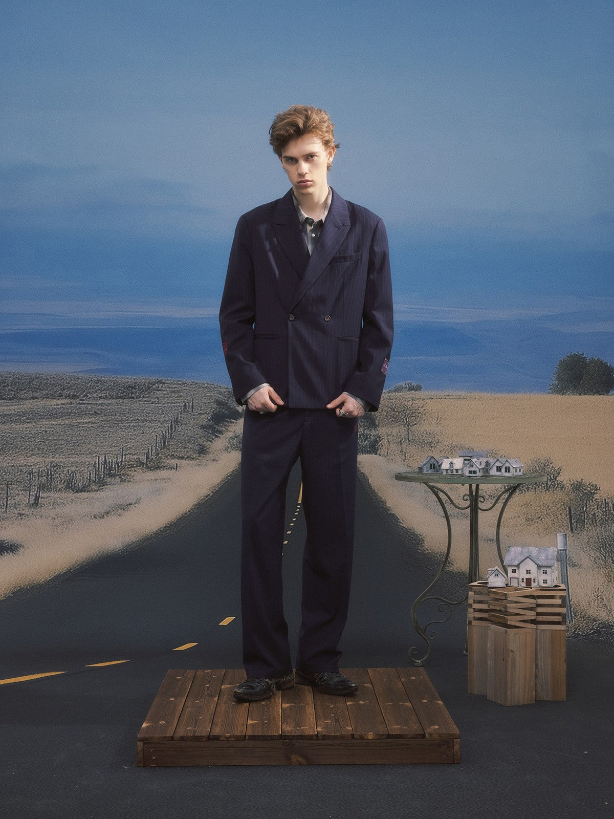SOD Melvins Embroidered Pinstripe Trousers in Navy Blue - On Male Model