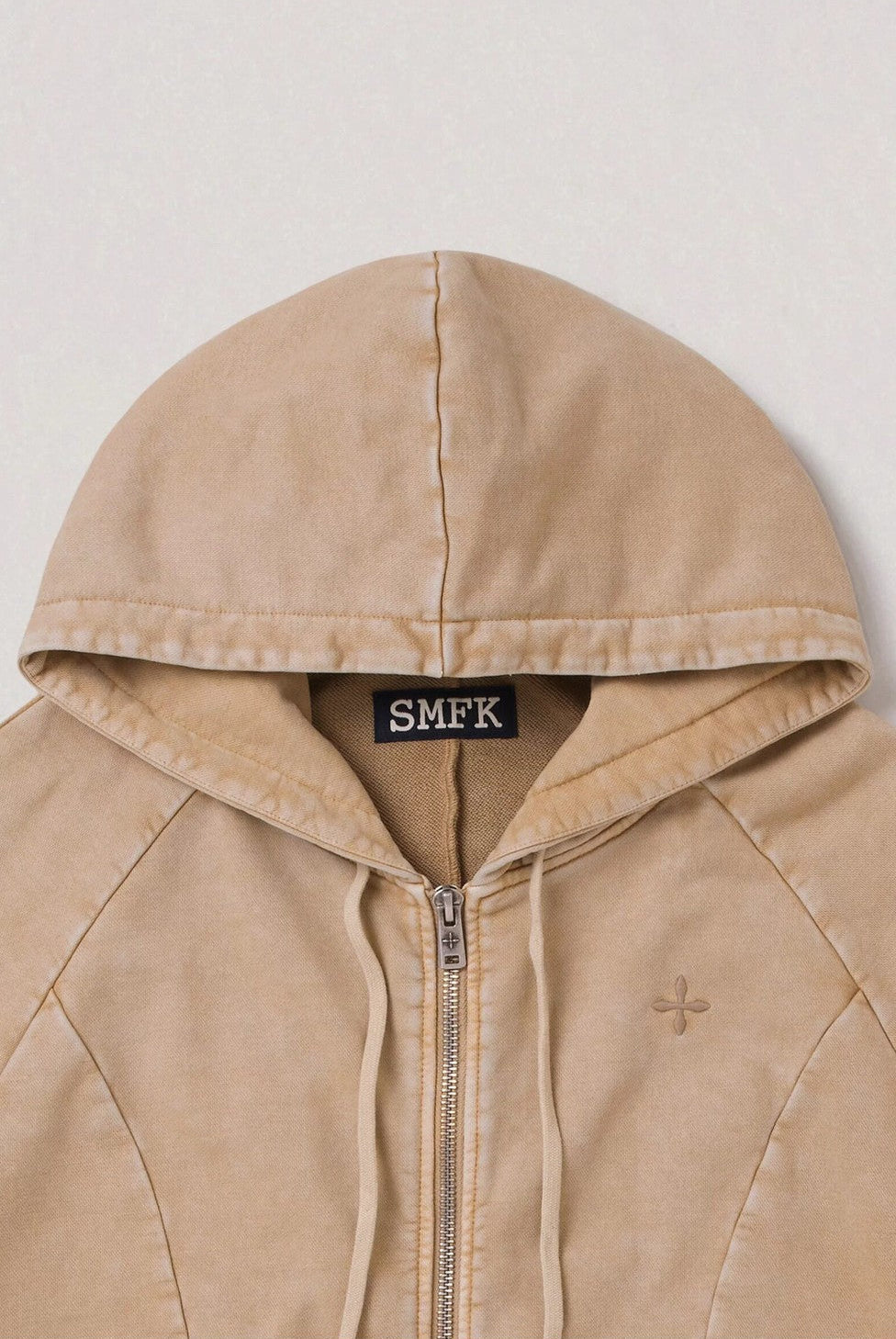SMFK Washed Cotton Zip Up Hoodie in Beige - Detail