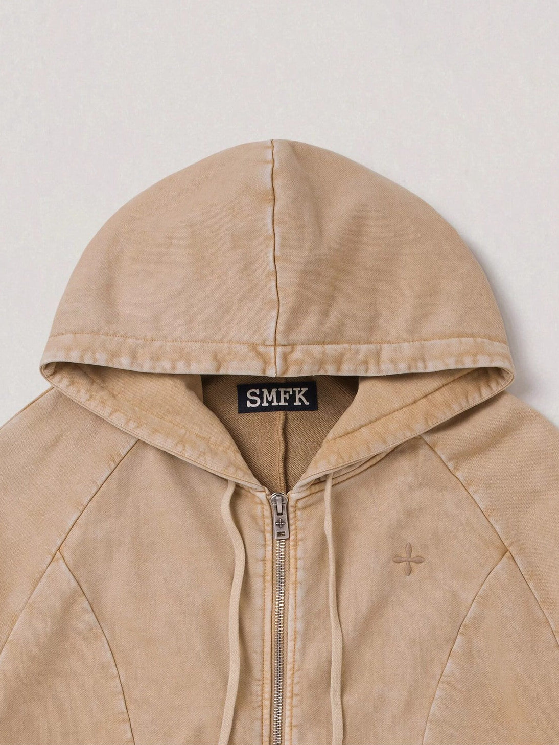 SMFK Washed Cotton Zip Up Hoodie in Beige - Detail