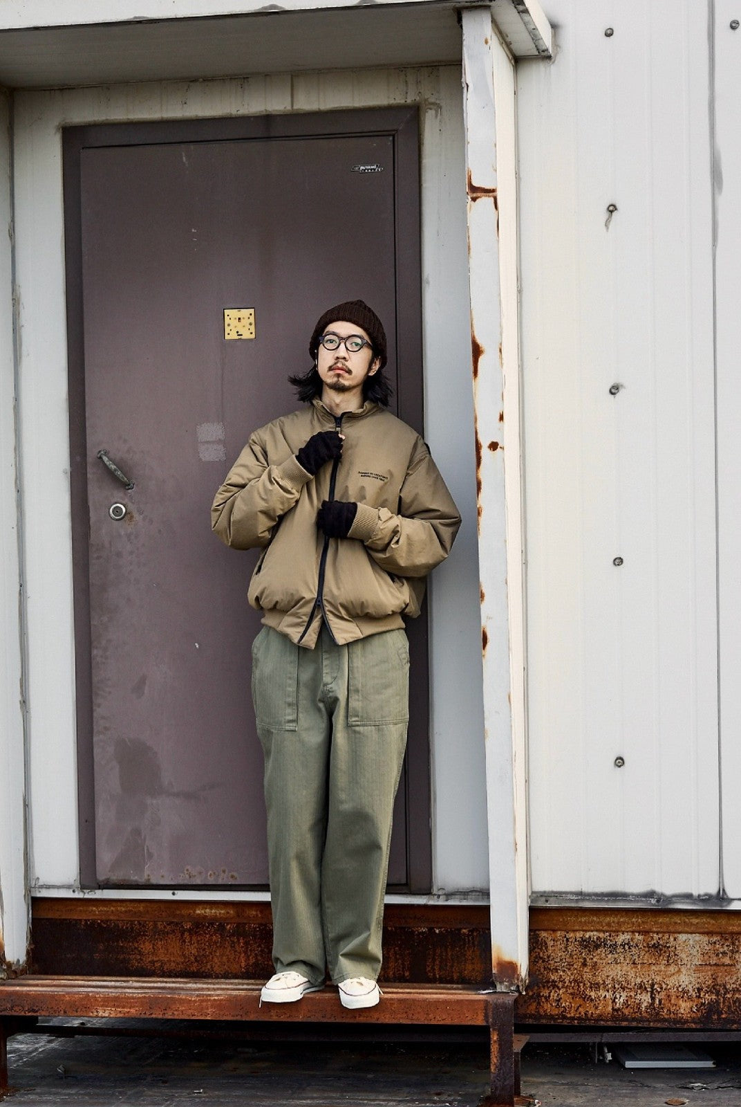 USAGE Heavyweight Herringbone Baker Pants in Olive - On Male Model