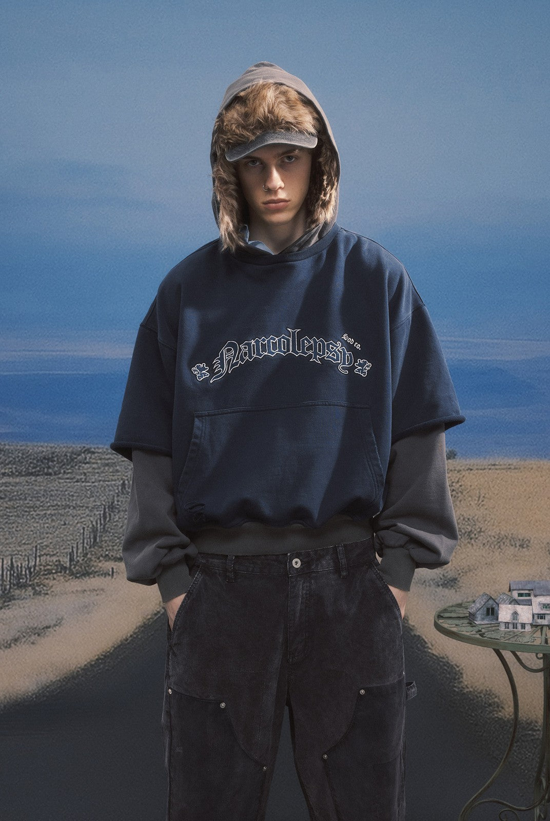 SOD Distressed Layered Effect Hoodie in Blue - On Male Model