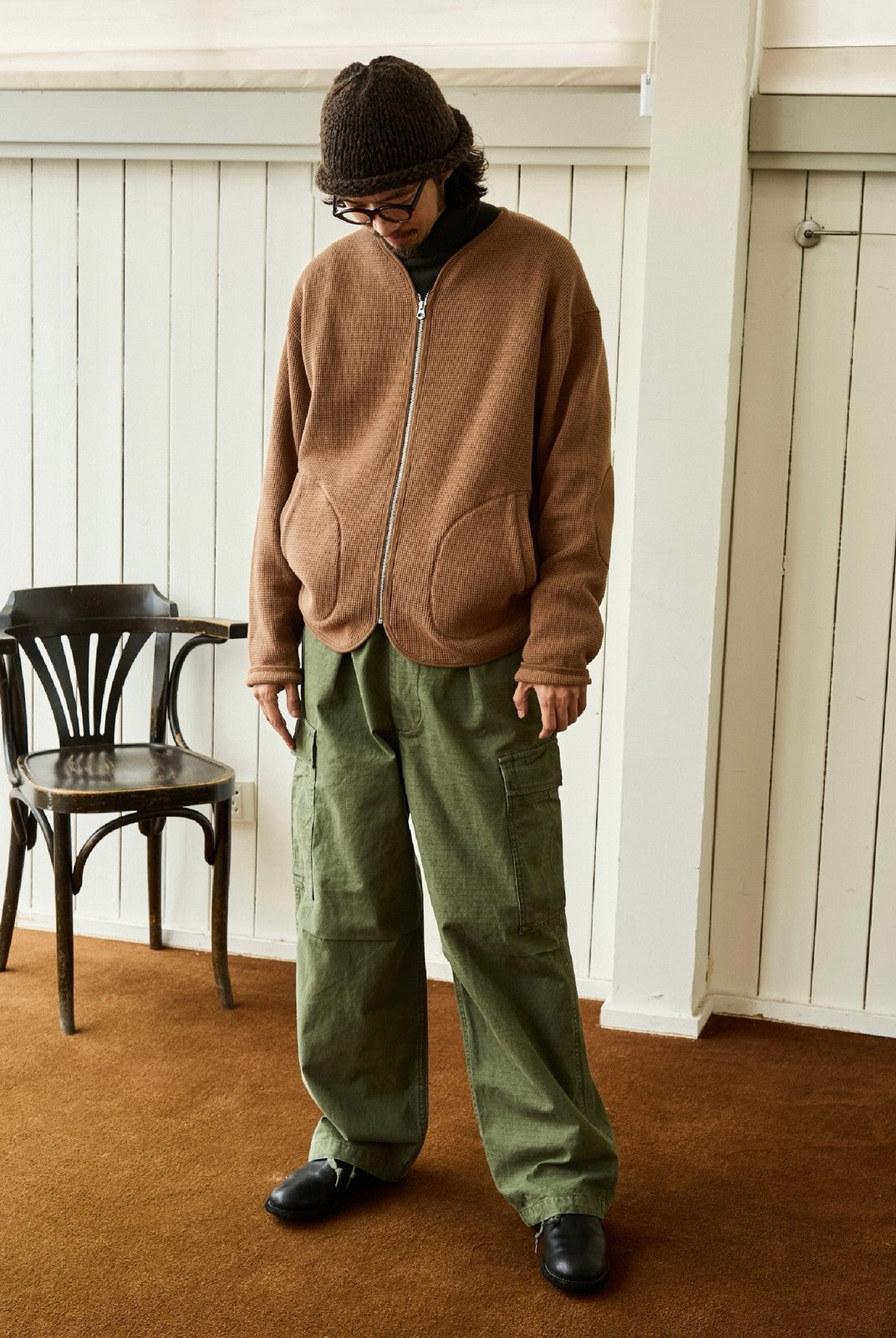 USAGE Heavyweight Waffle Knit Zip Cardigan in Beige - On Male Model